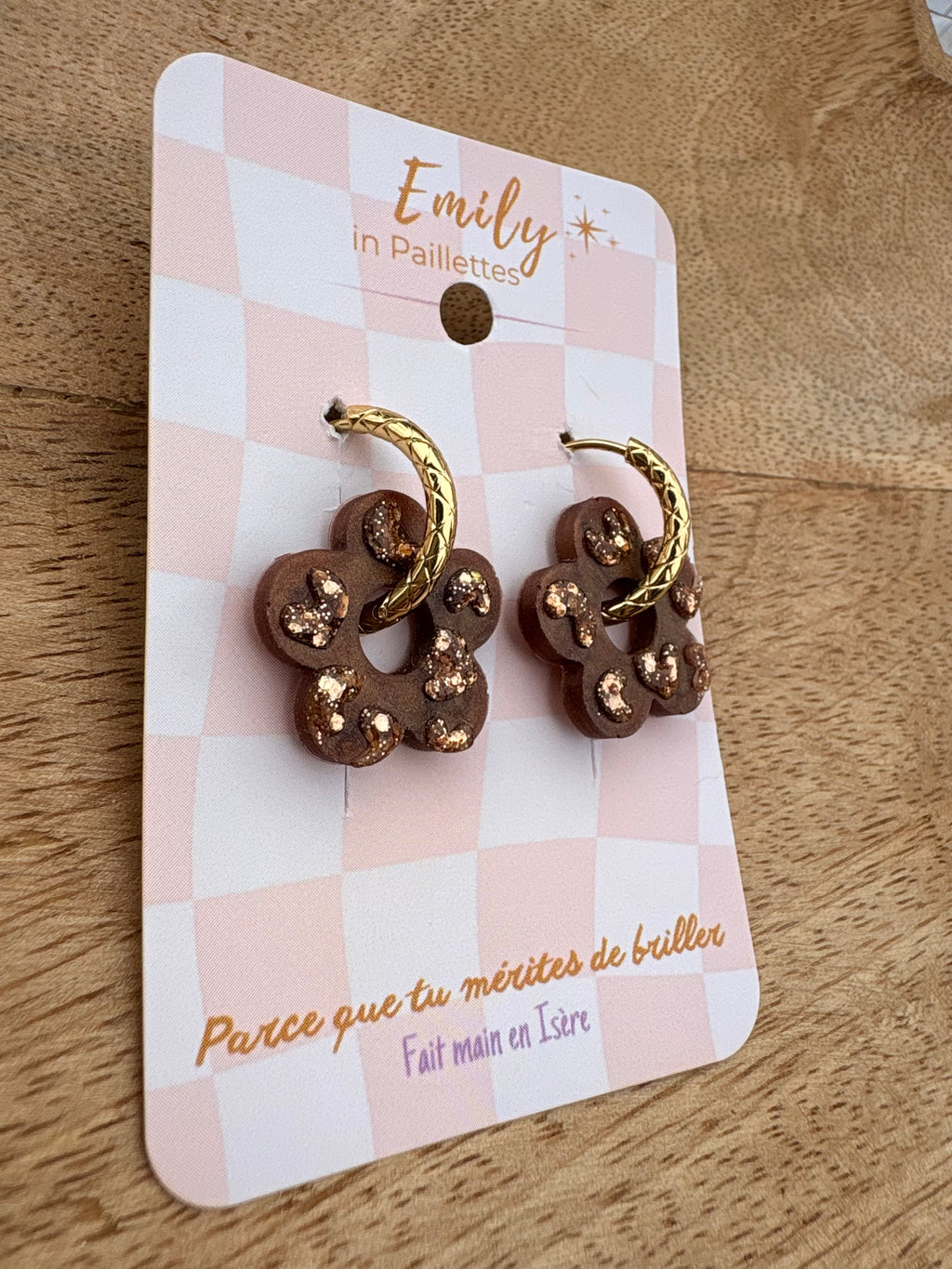 Les fleurs léopards - marron & paillettes or ( sans créoles )
