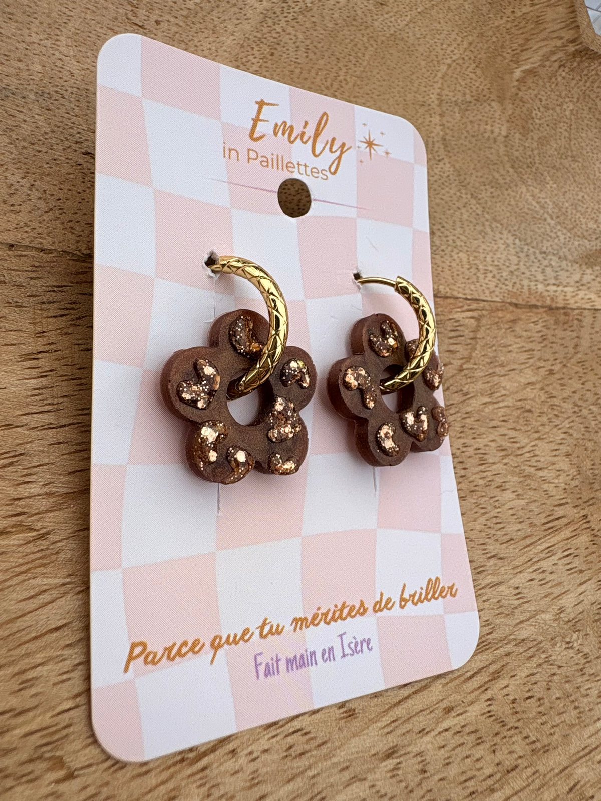 Les fleurs léopards - marron & paillettes or ( sans créoles )
