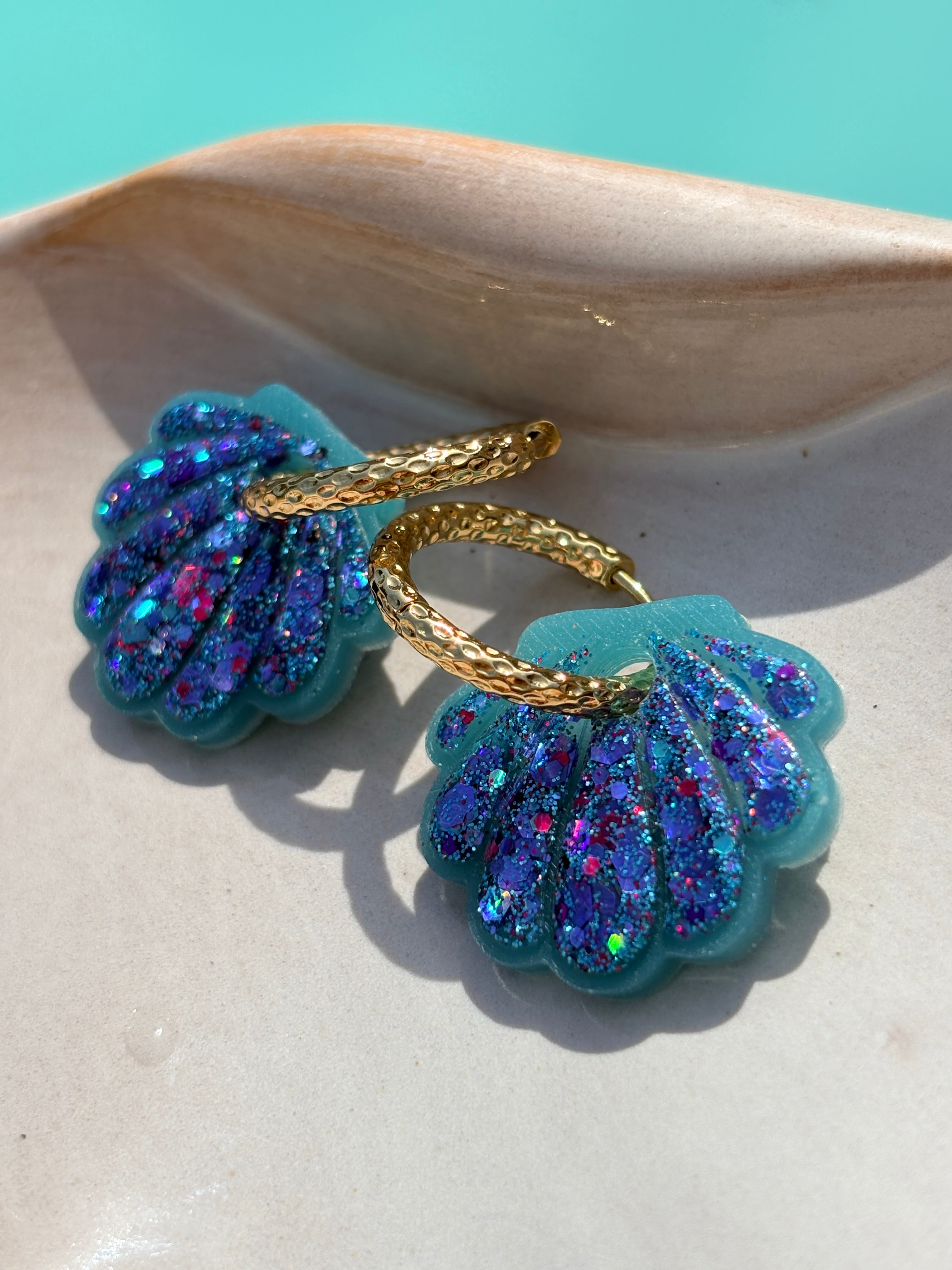 Coquillages Bleu turquoise & Paillettes Sirène (bleu, violet, rose) (sans créole)