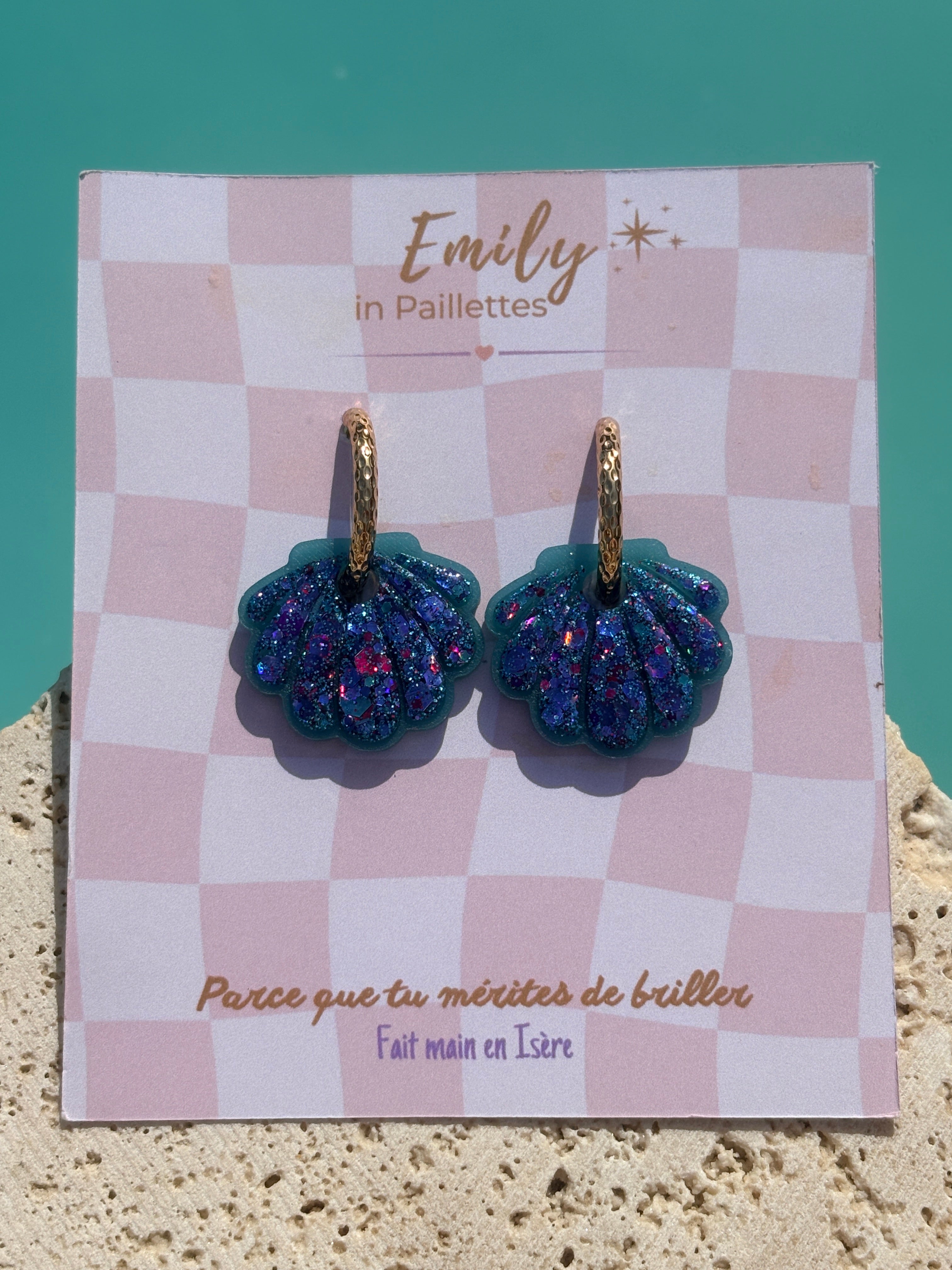 Coquillages Bleu turquoise & Paillettes Sirène (bleu, violet, rose) (sans créole)