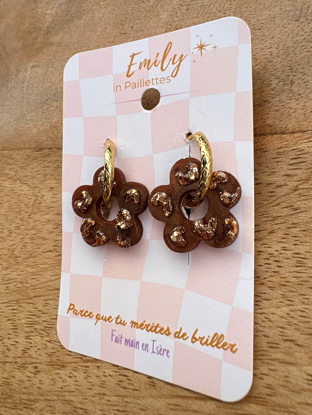 Les fleurs léopards - marron & paillettes or ( sans créoles )
