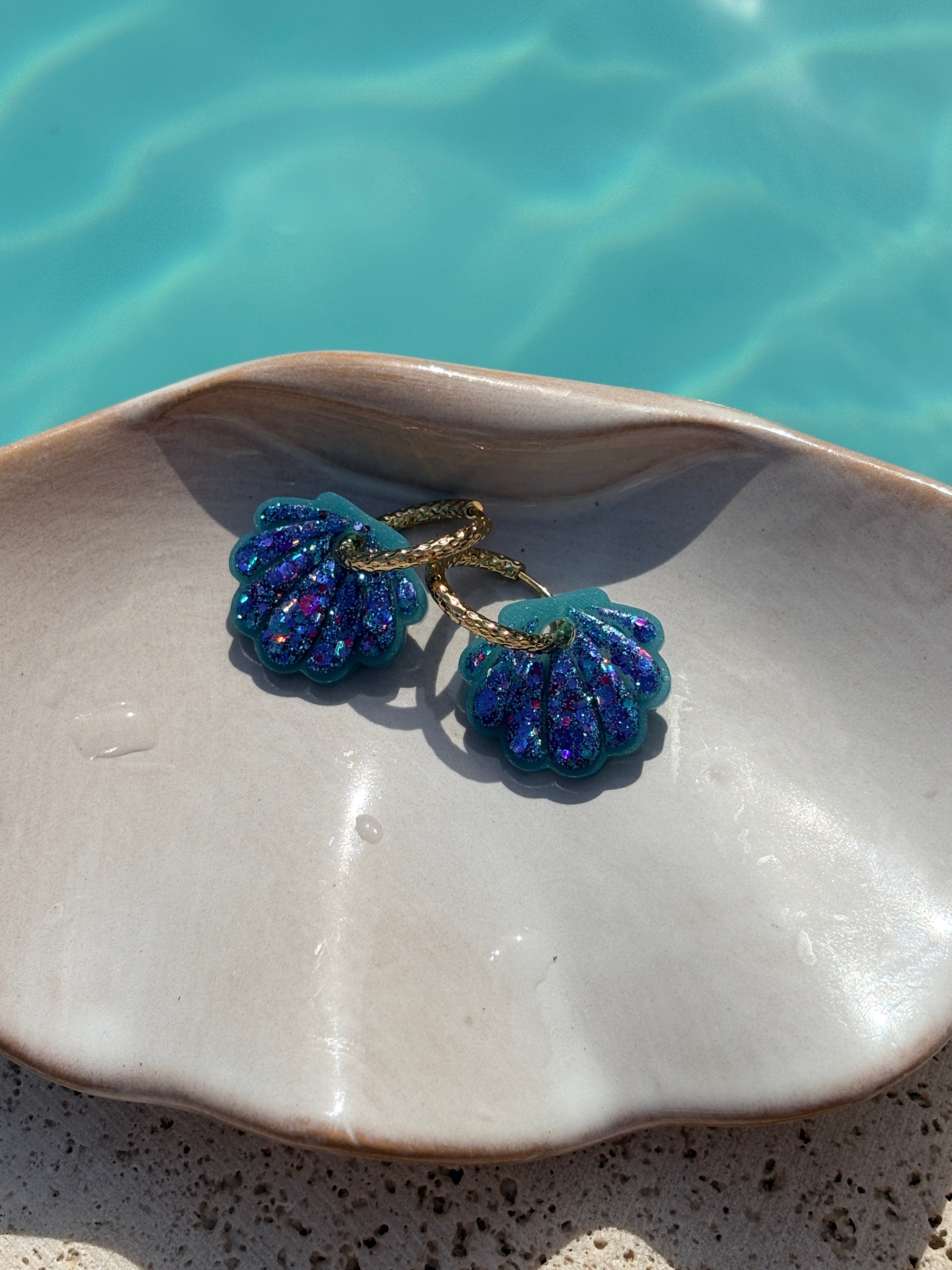 Coquillages Bleu turquoise & Paillettes Sirène (bleu, violet, rose) (sans créole)