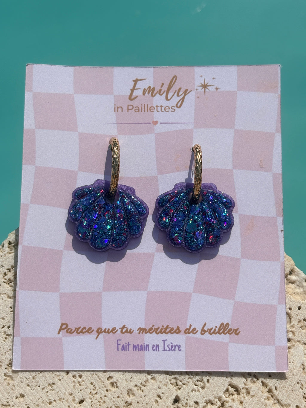 Coquillages Violet & Paillettes Sirène (bleu, violet, rose) (sans créole)