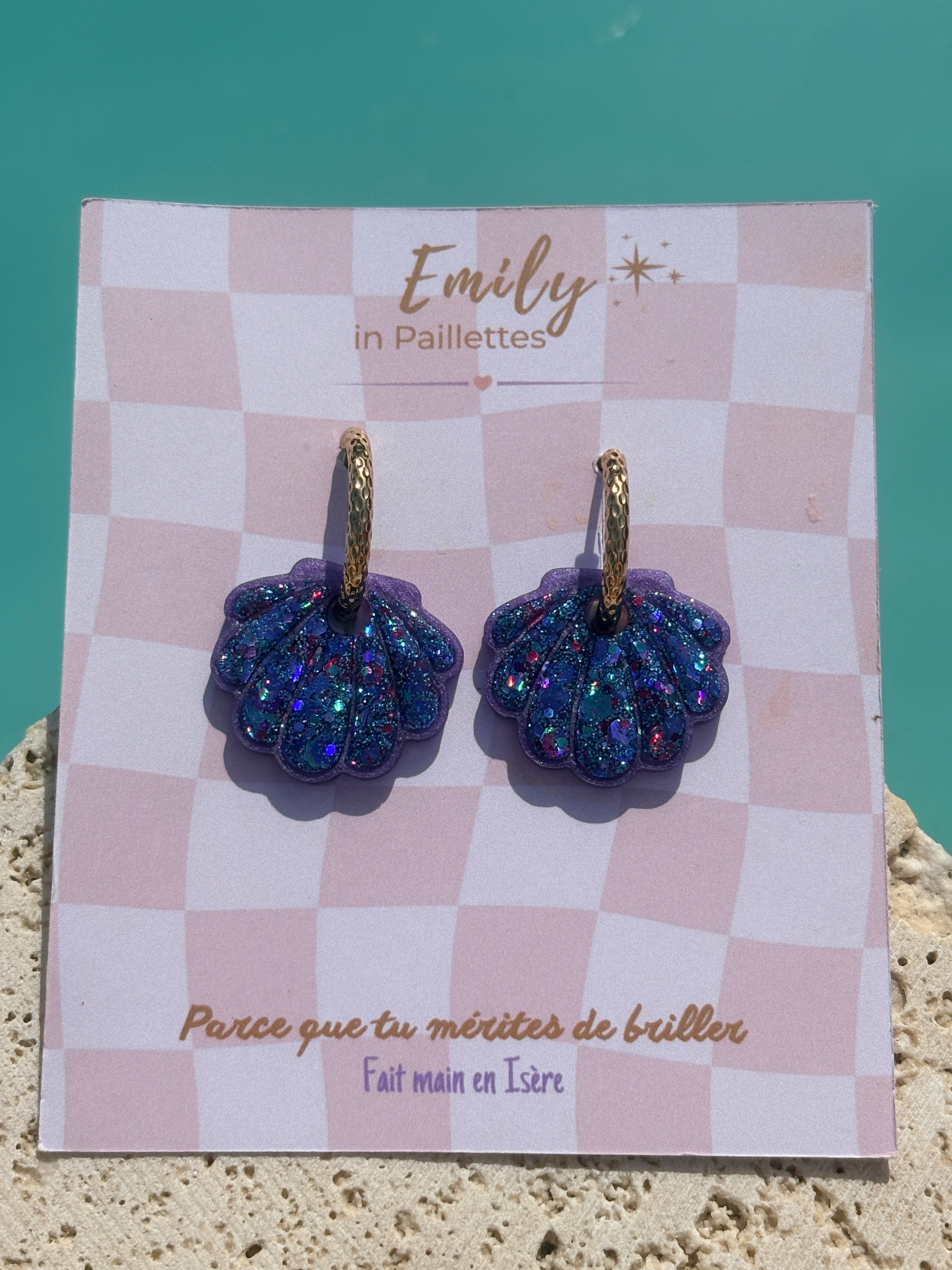 Coquillages Violet & Paillettes Sirène (bleu, violet, rose) (sans créole)