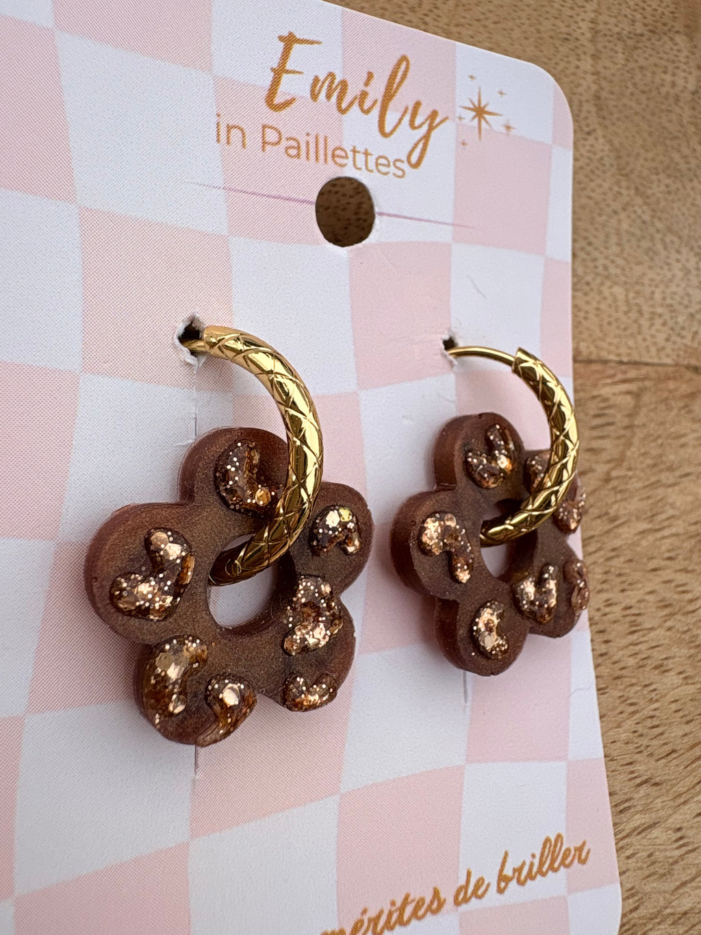 Les fleurs léopards - marron & paillettes or ( sans créoles )