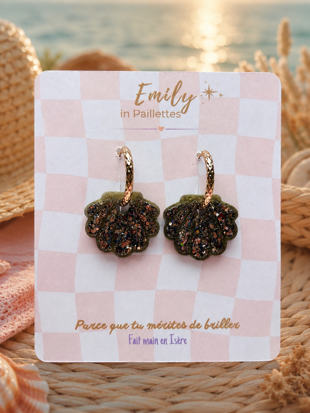 Coquillages Vert Bronze et Paillettes dorées et marrons (sans créoles)