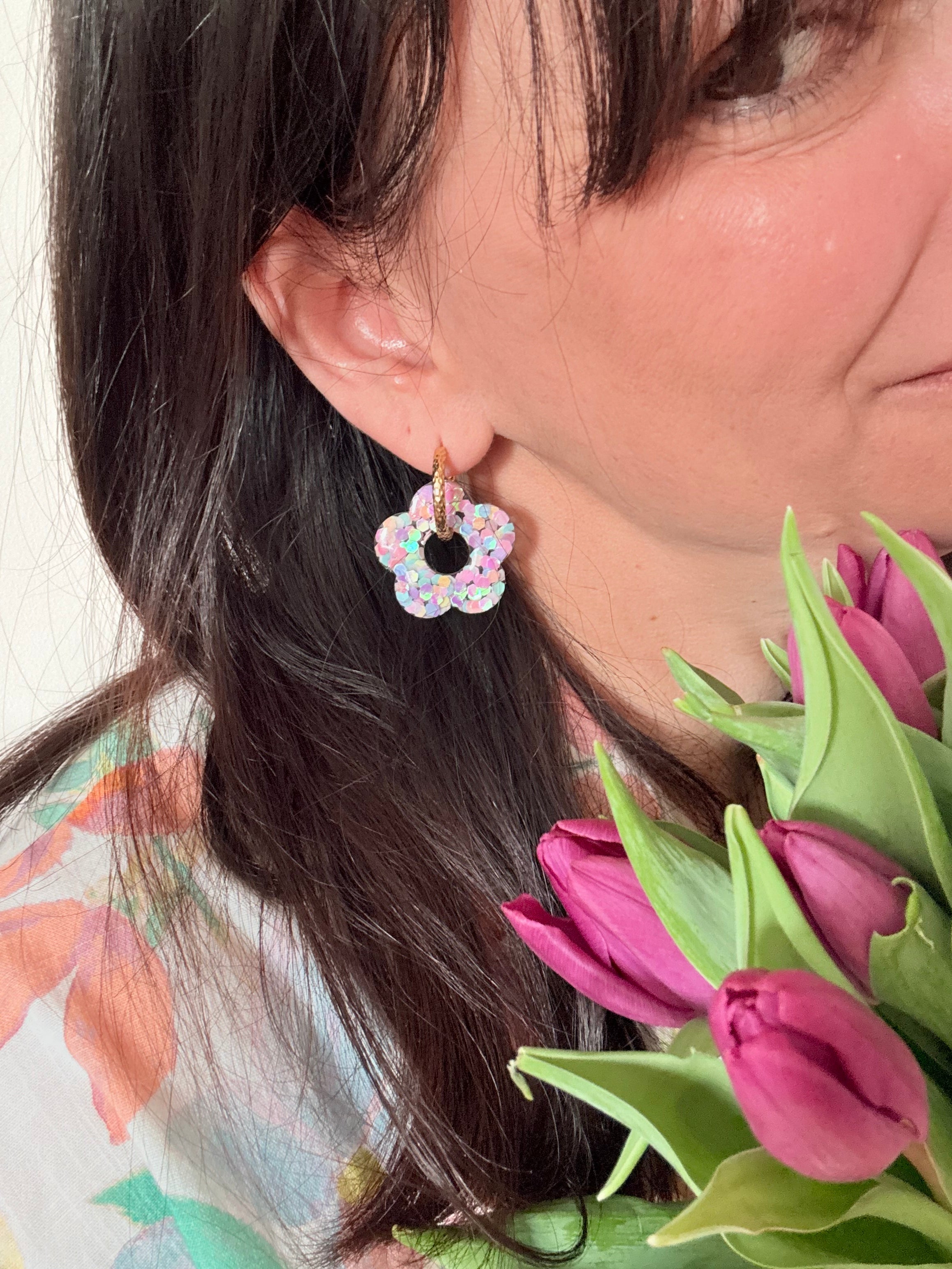 Pampilles Fleurs - taille XL  -  paillettes pastel multicolores (sans créoles)