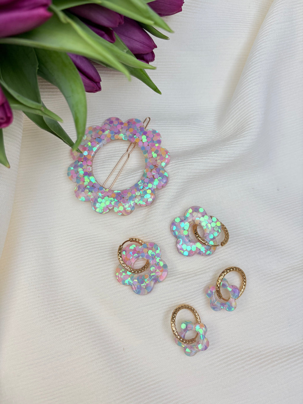 Pampilles Fleurs - taille XL  -  paillettes pastel multicolores (sans créoles)