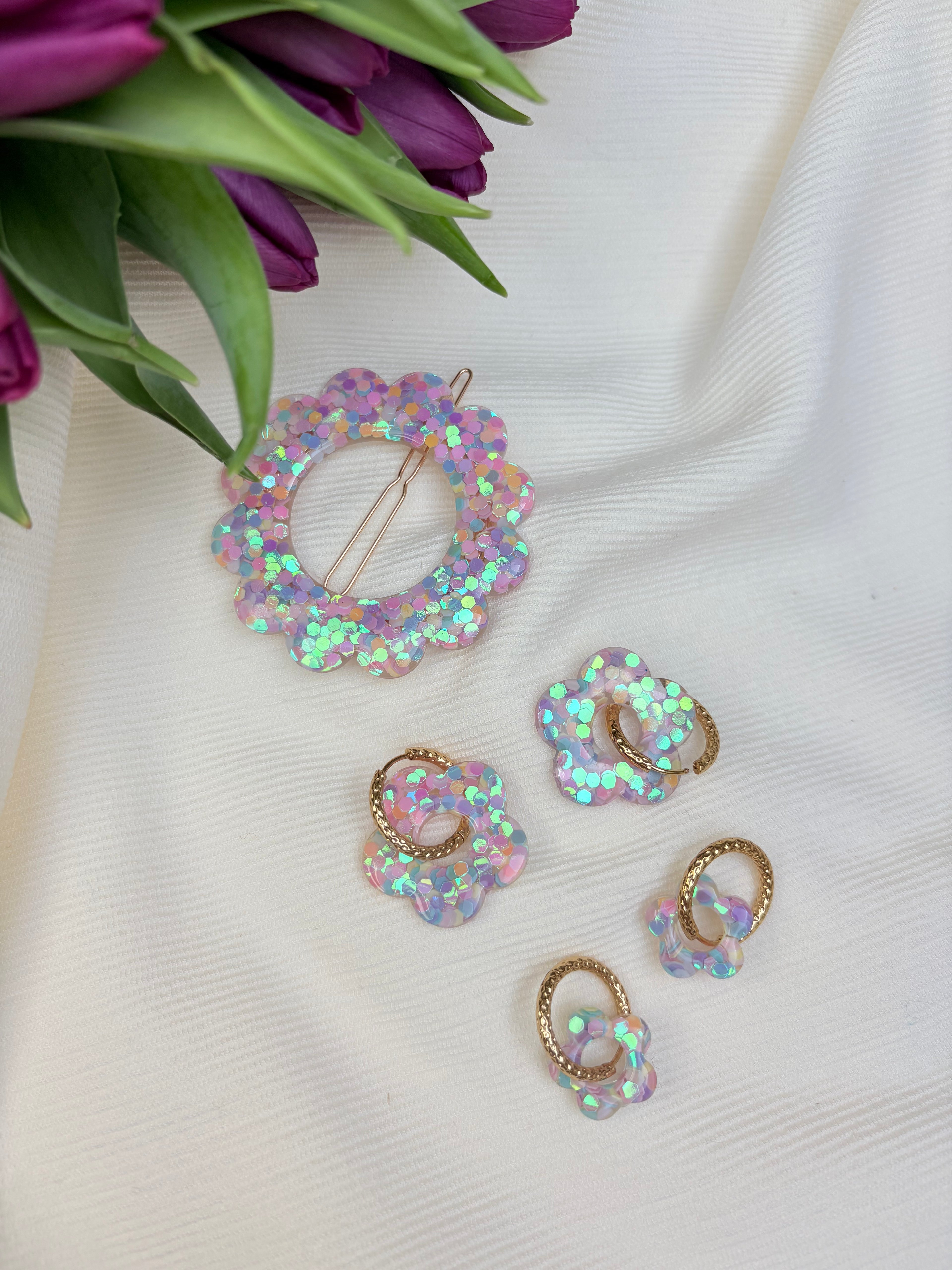 Pampilles Fleurs - taille XL  -  paillettes pastel multicolores (sans créoles)