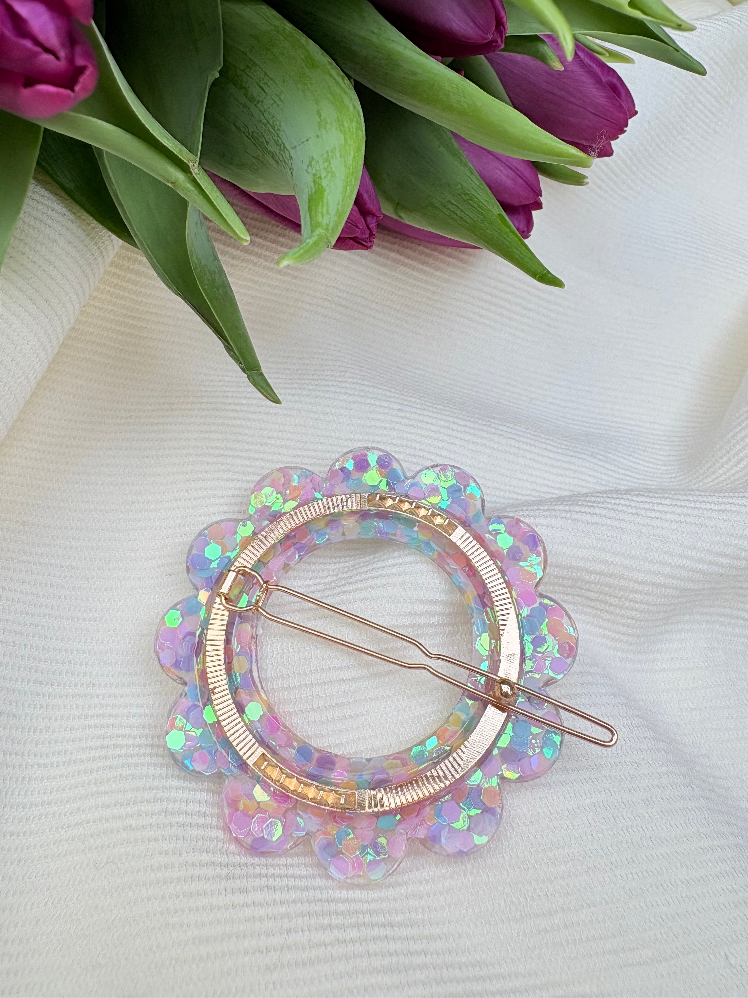 Barrette fleur - Paillettes pastel multicolores