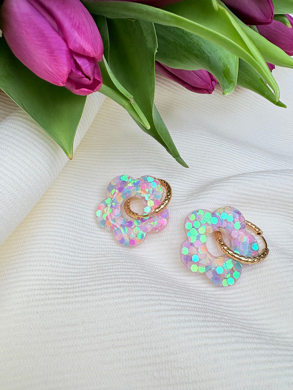 Pampilles Fleurs - taille XL  -  paillettes pastel multicolores (sans créoles)