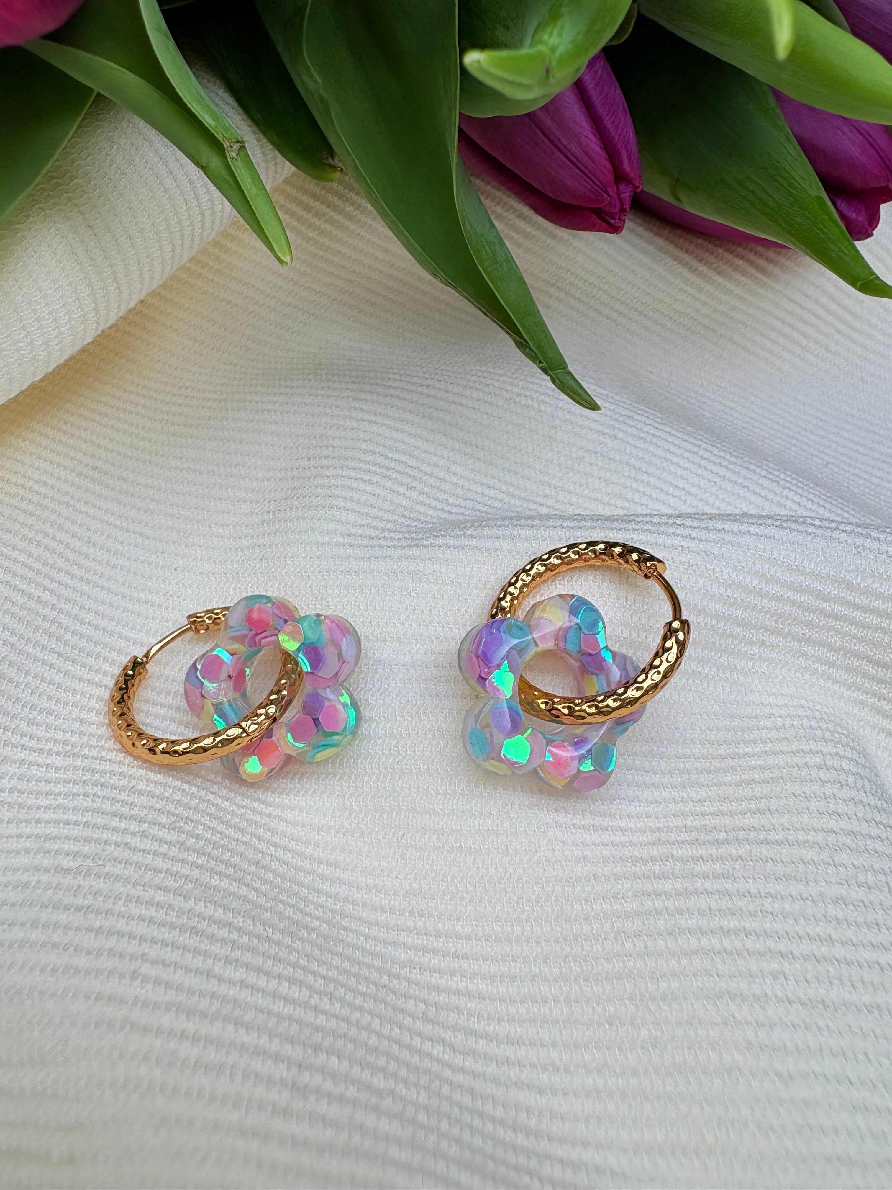 Pampilles Fleurs - taille S - paillettes pastel multicolores (sans créoles)