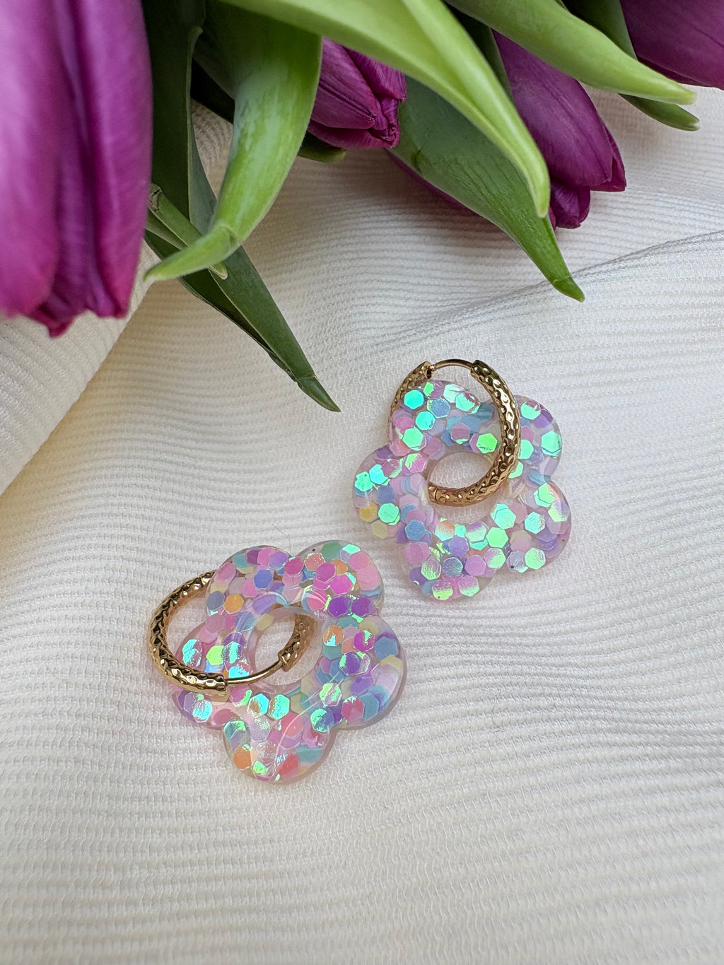 Pampilles Fleurs - taille XL  -  paillettes pastel multicolores (sans créoles)