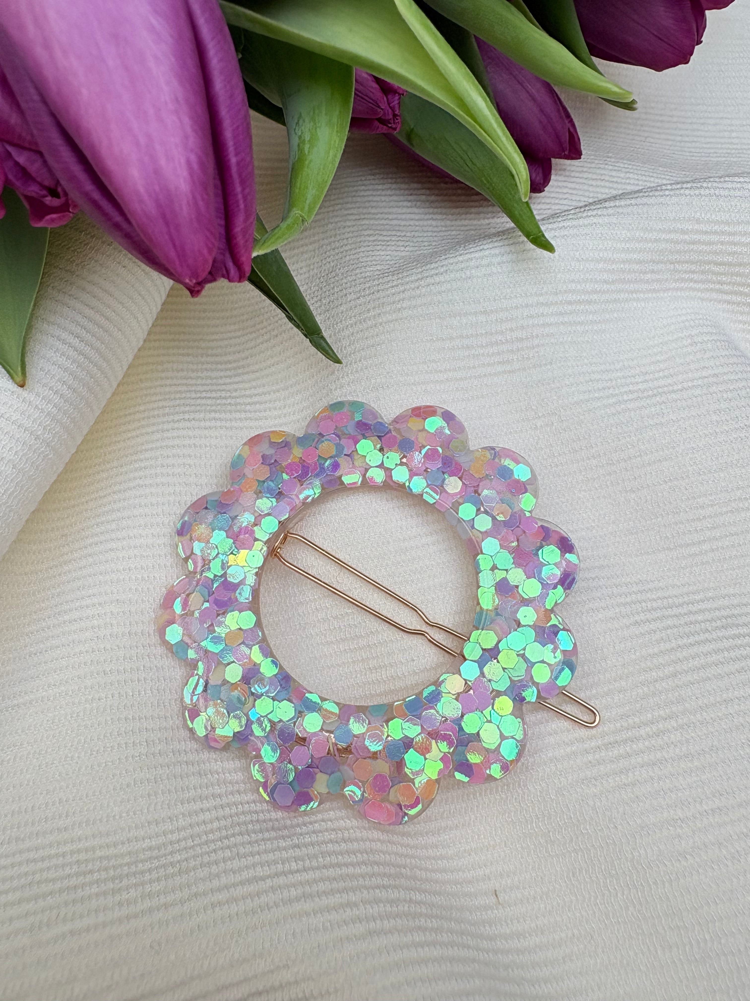 Barrette fleur - Paillettes pastel multicolores