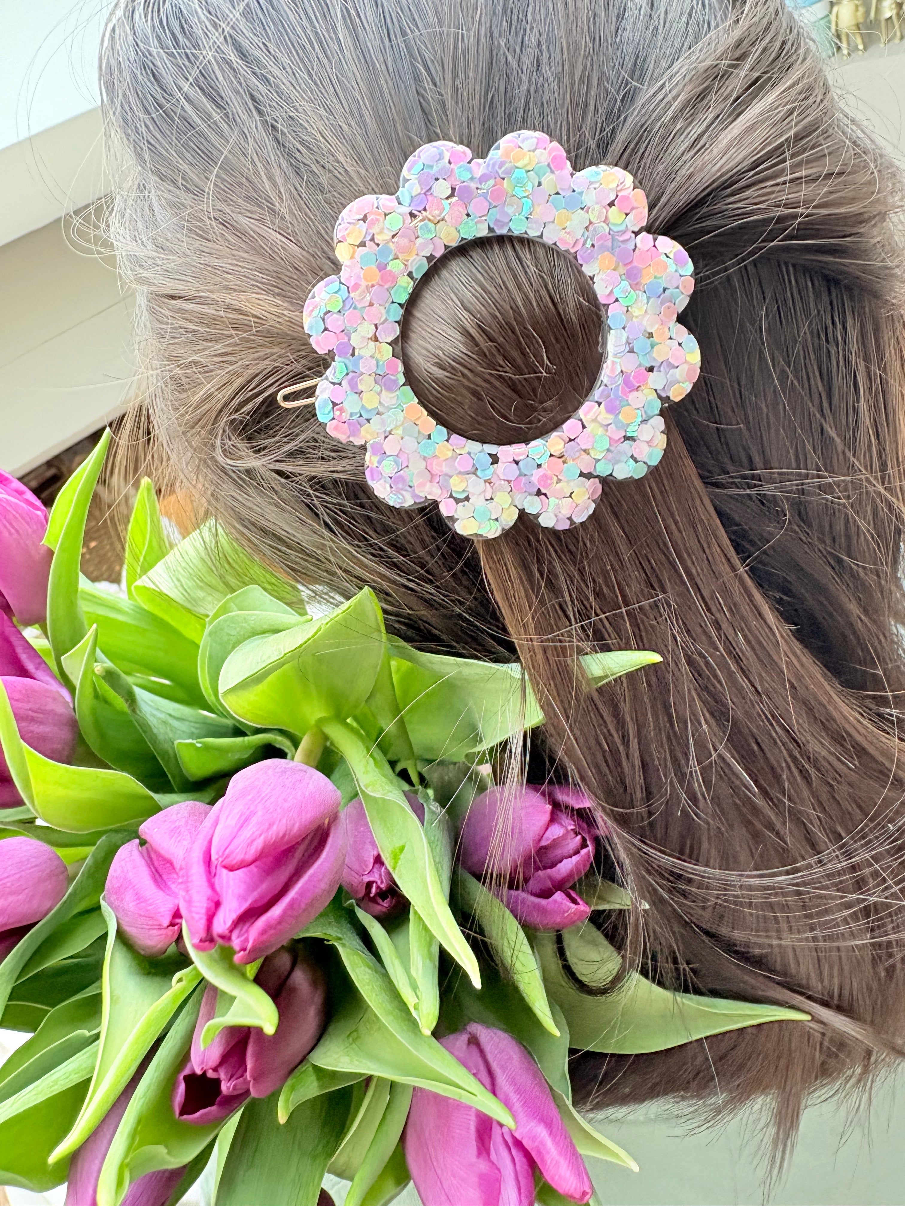 Barrette fleur - Paillettes pastel multicolores