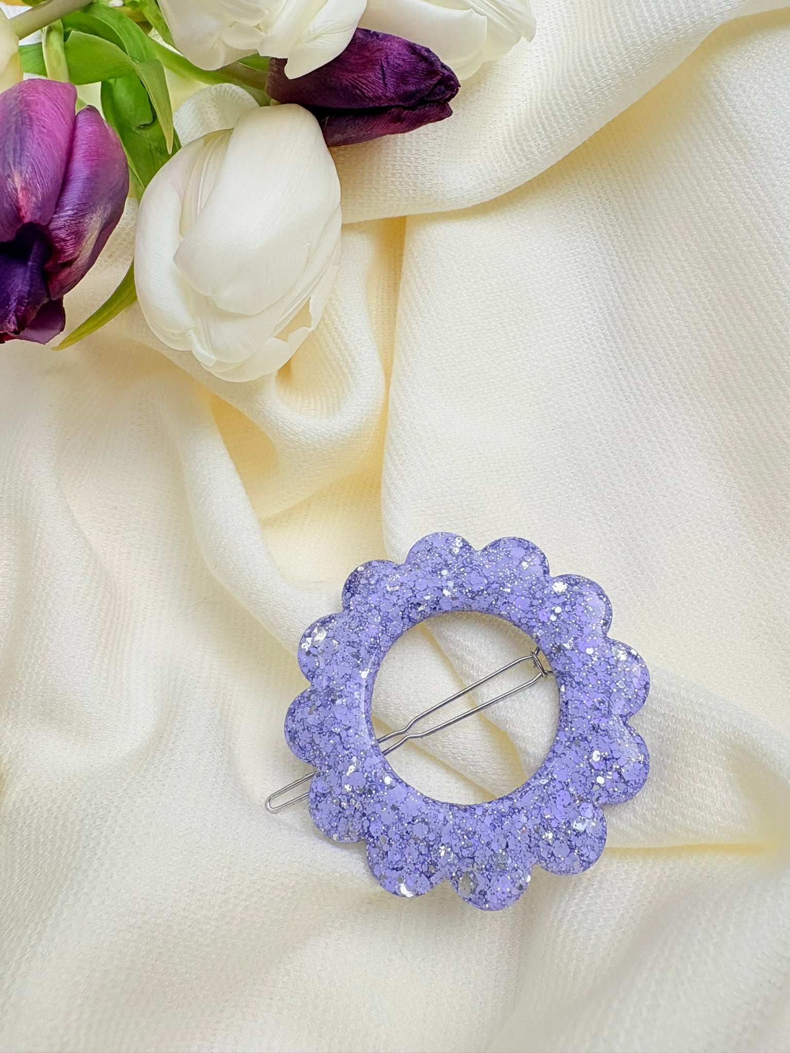 Barrette Fleur - Lilas et argent Pailleté