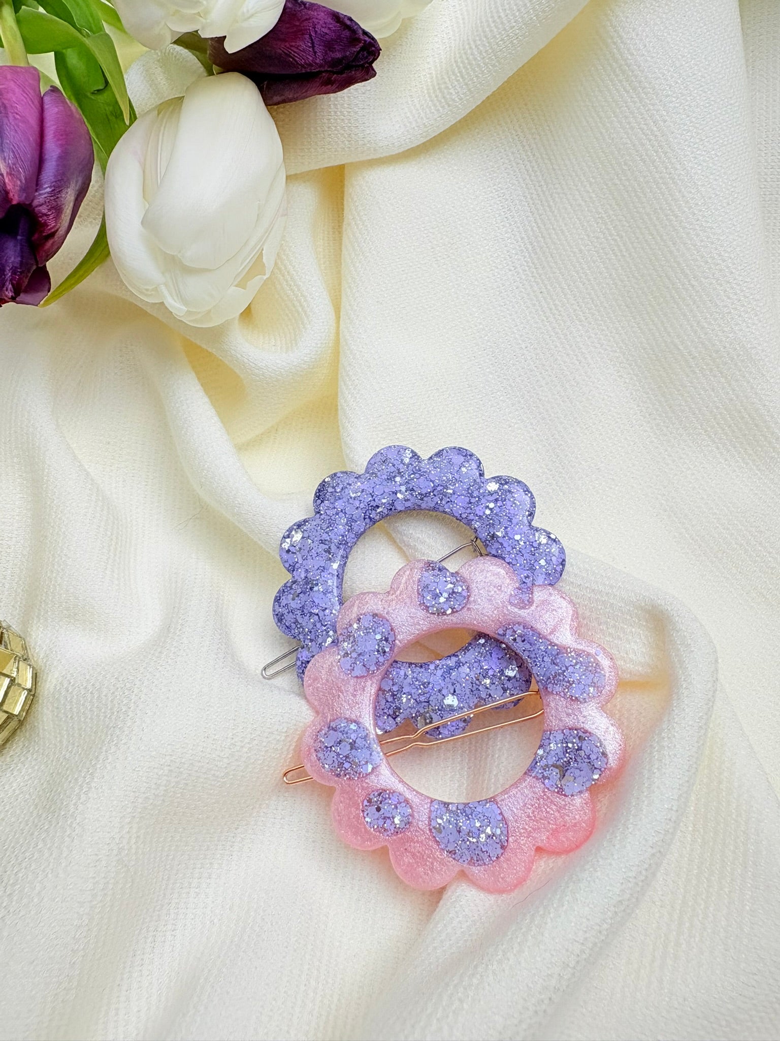 Barrette Fleur - Rose pastel et Lilas Léopard