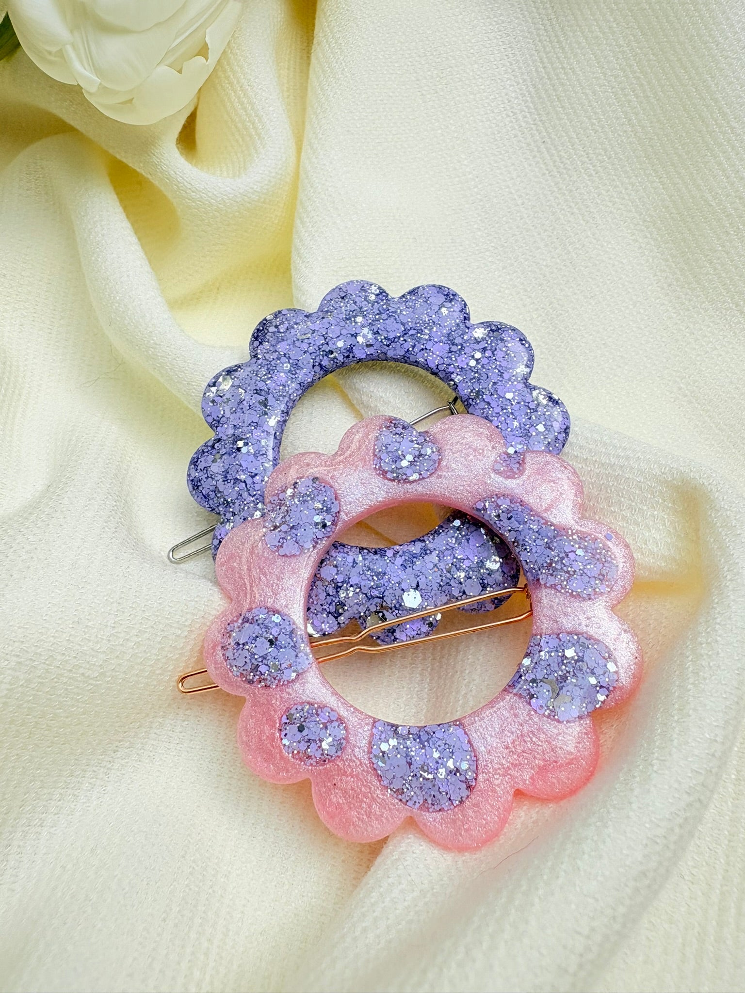 Barrette Fleur - Rose pastel et Lilas Léopard