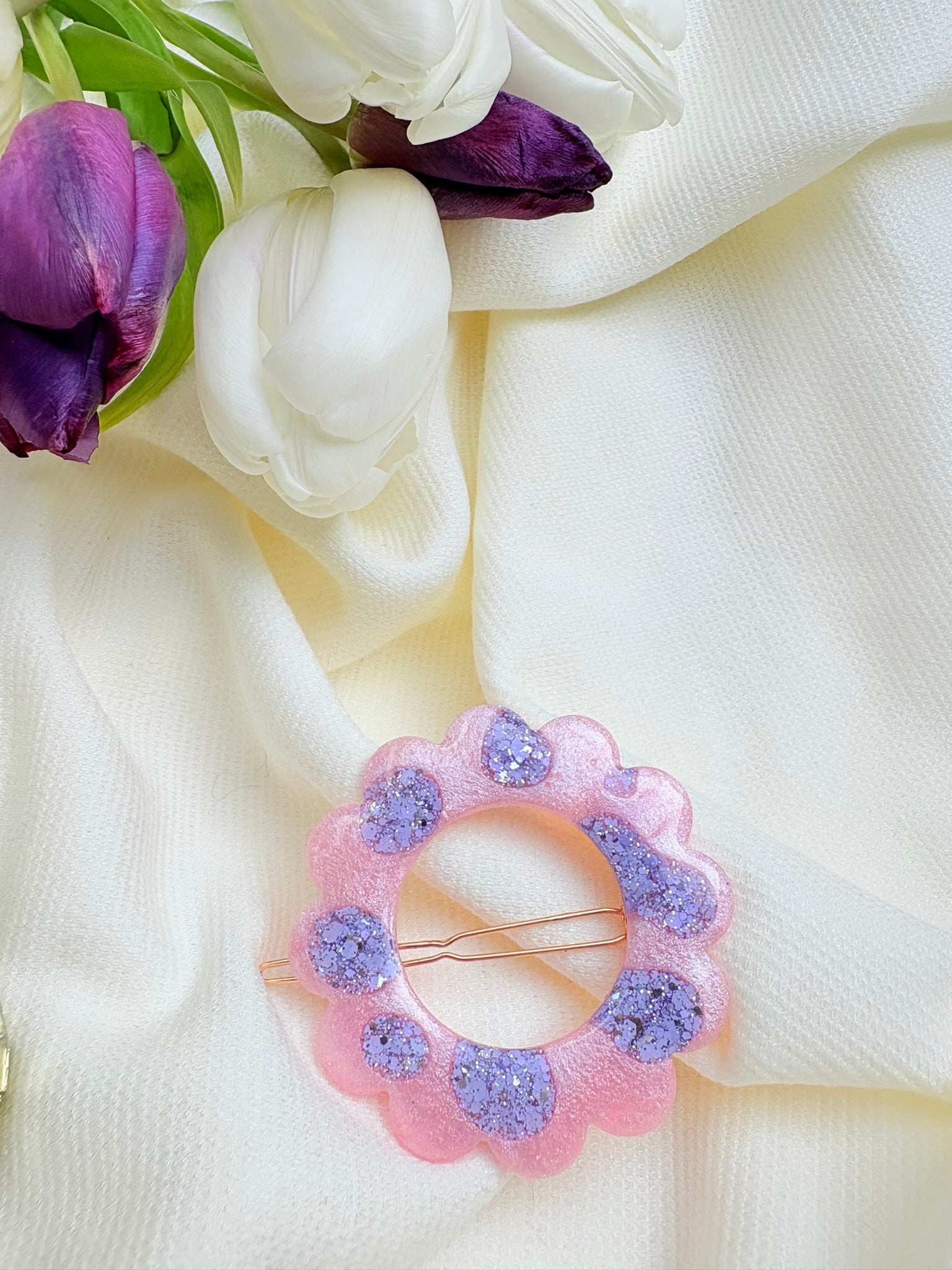 Barrette Fleur - Rose pastel et Lilas Léopard