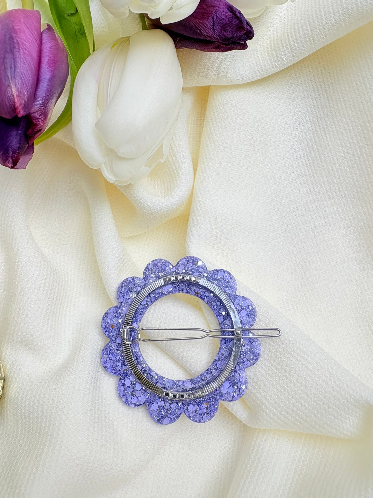 Barrette Fleur - Lilas et argent Pailleté