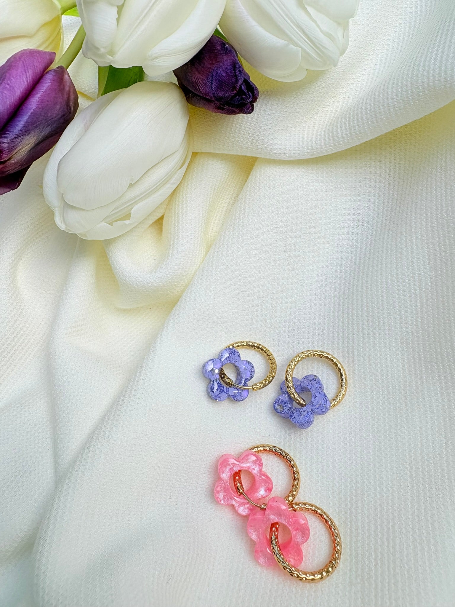 Pampilles Fleurs - taille S - Rose pastel nacré (sans créoles)