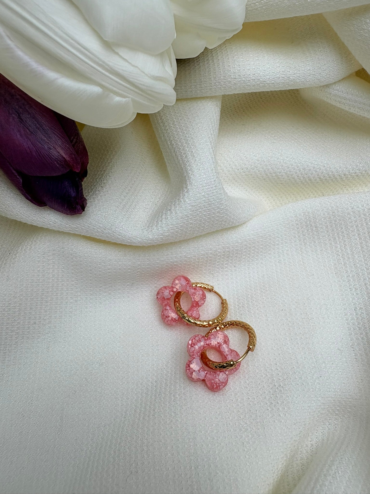 Pampilles Fleurs - taille S - rose pastel pailleté (sans créoles)