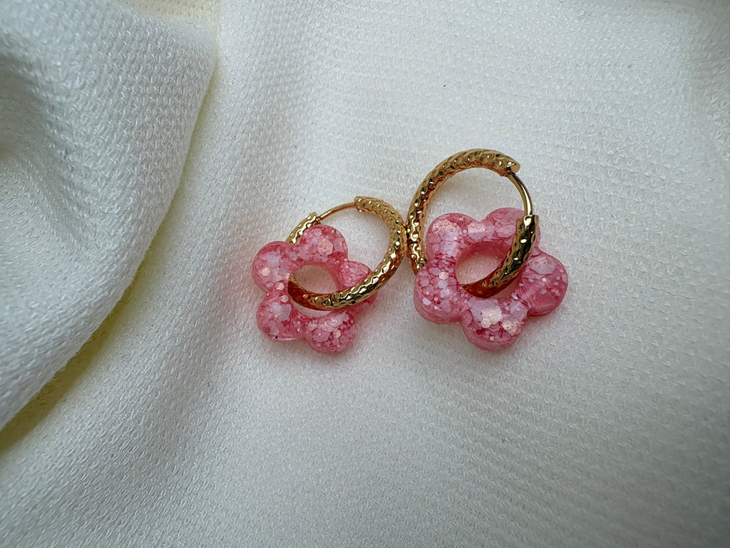 Pampilles Fleurs - taille S - rose pastel pailleté (sans créoles)