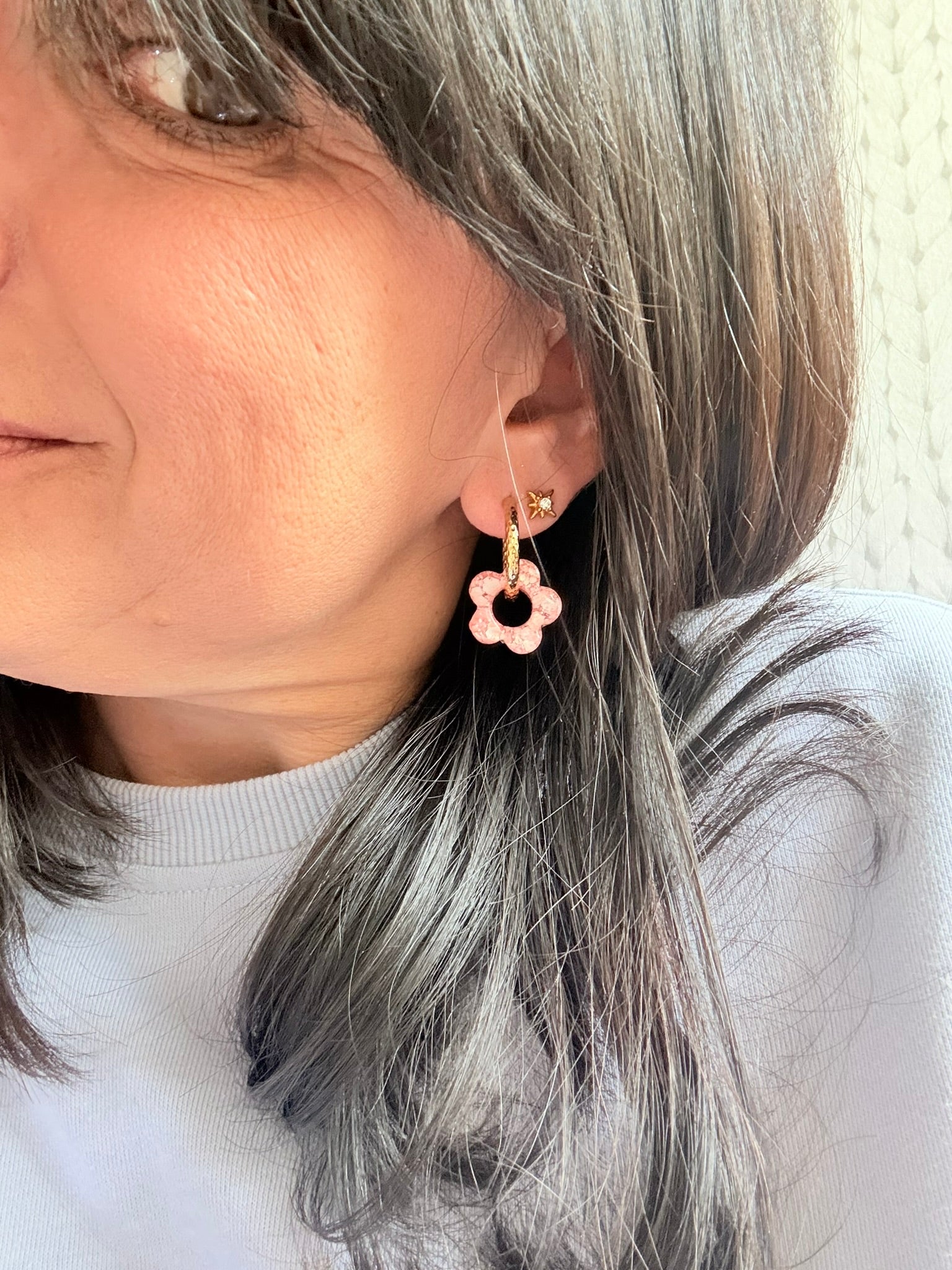 Pampilles Fleurs - taille S - rose pastel pailleté (sans créoles)