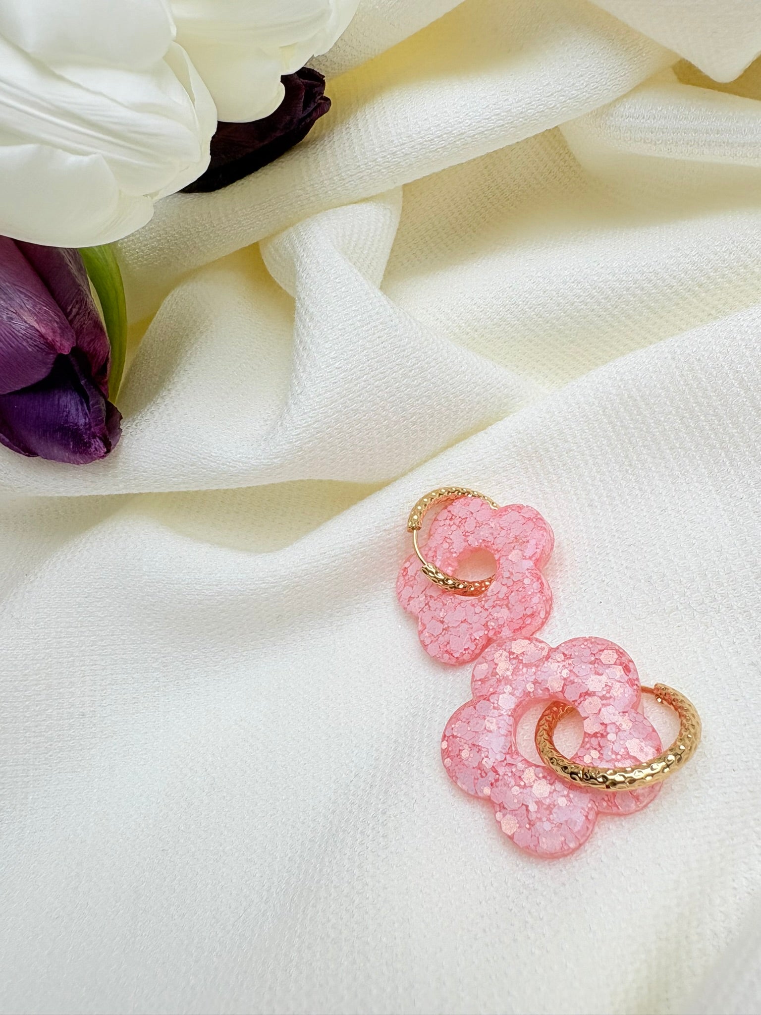 Pampilles Fleurs - taille XL - Rose pastel pailleté (sans créoles)