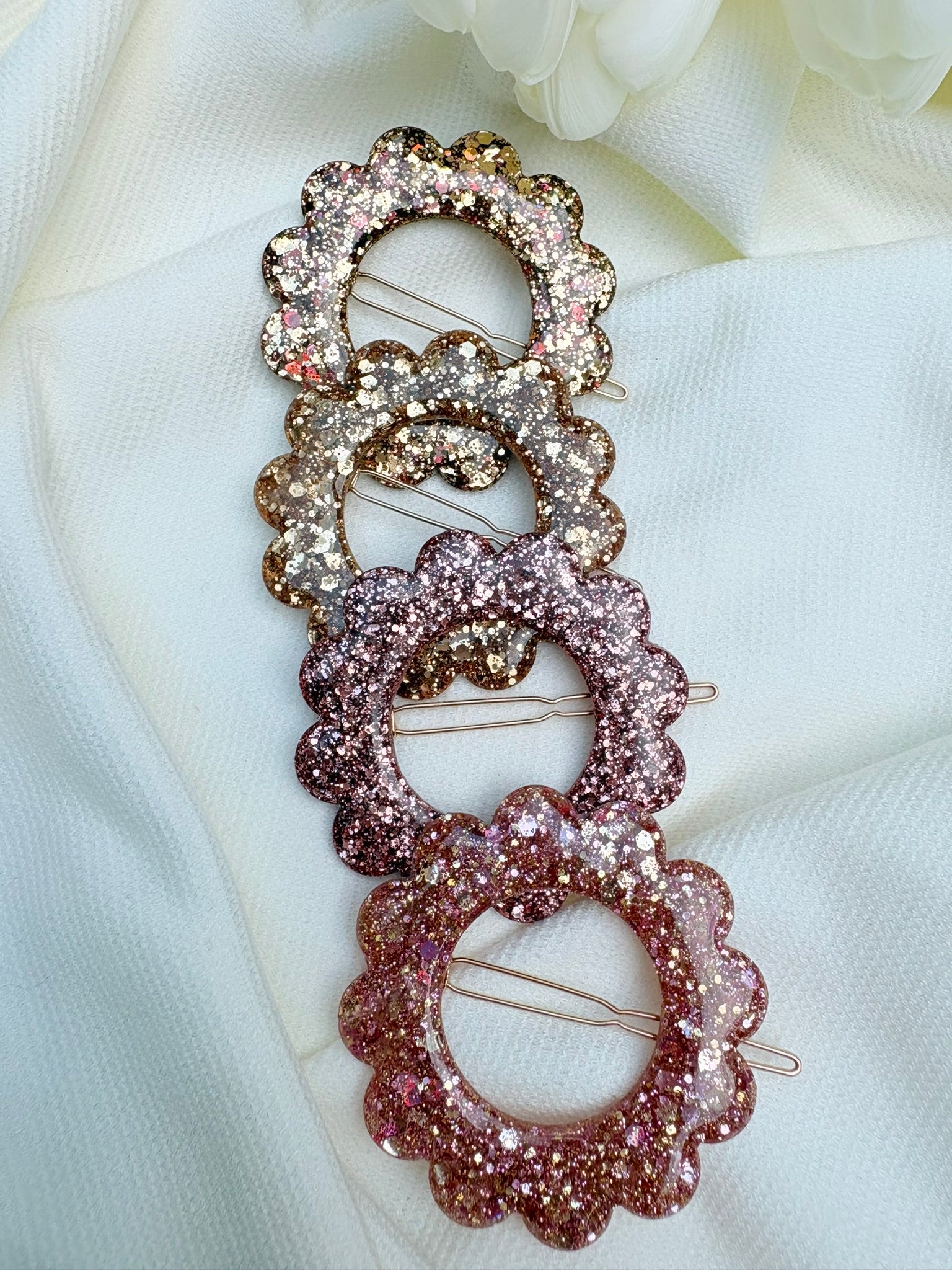 Barrette Fleur - Or et Rose pailleté