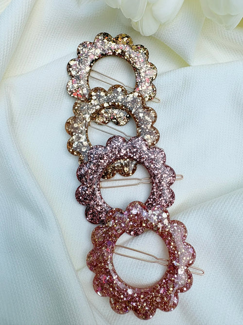 Barrette Fleur - Or et Rose pailleté