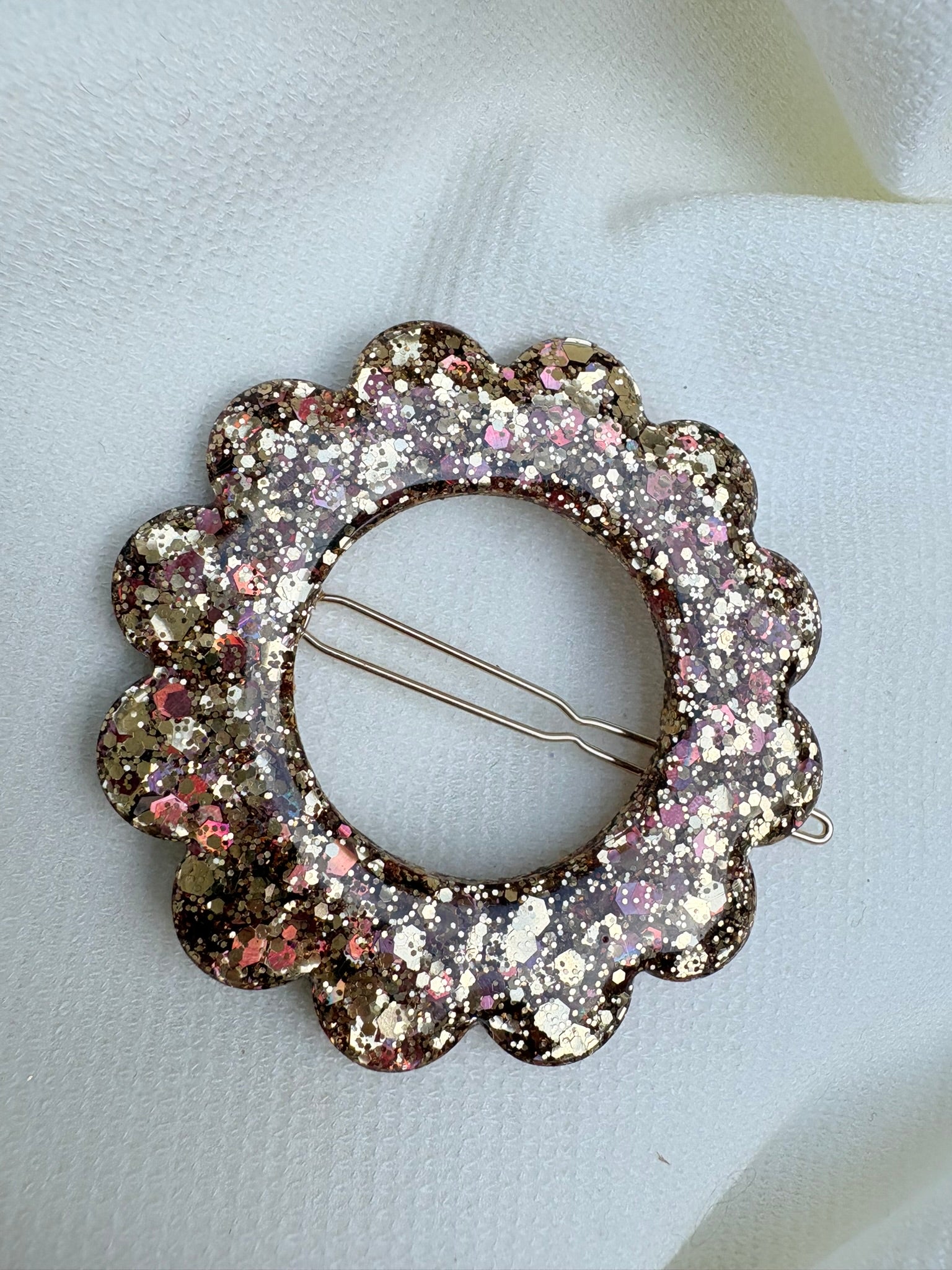 Barrette Fleur - Or et Rose pailleté