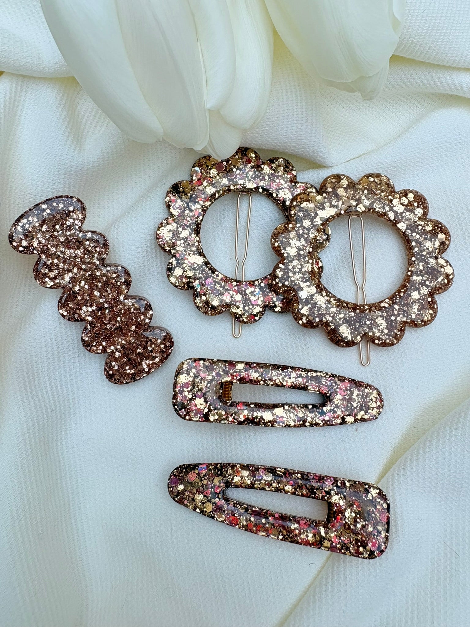 Barrette Fleur - Or et Rose pailleté