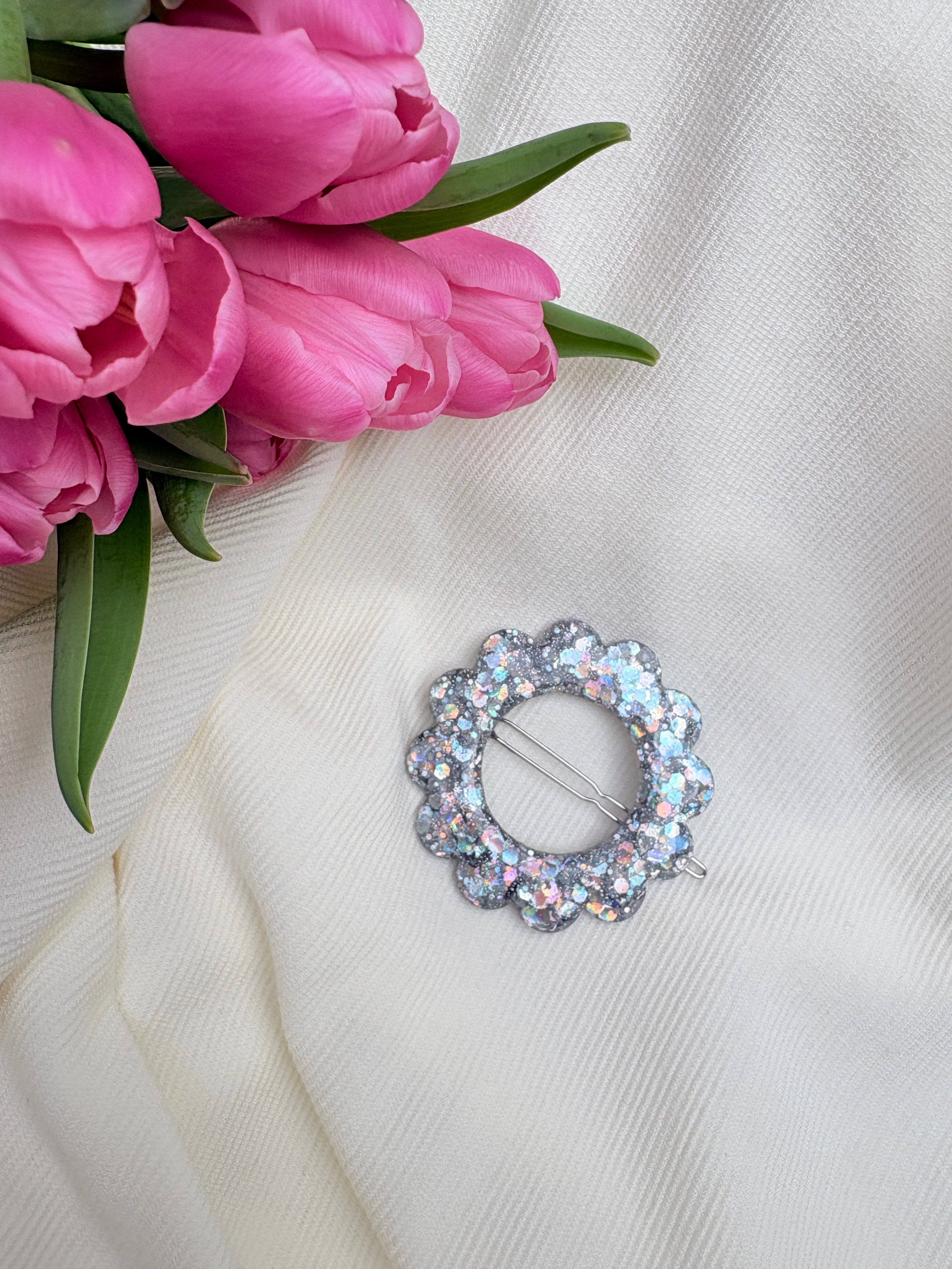 Barrette Fleur - Paillettes argentées