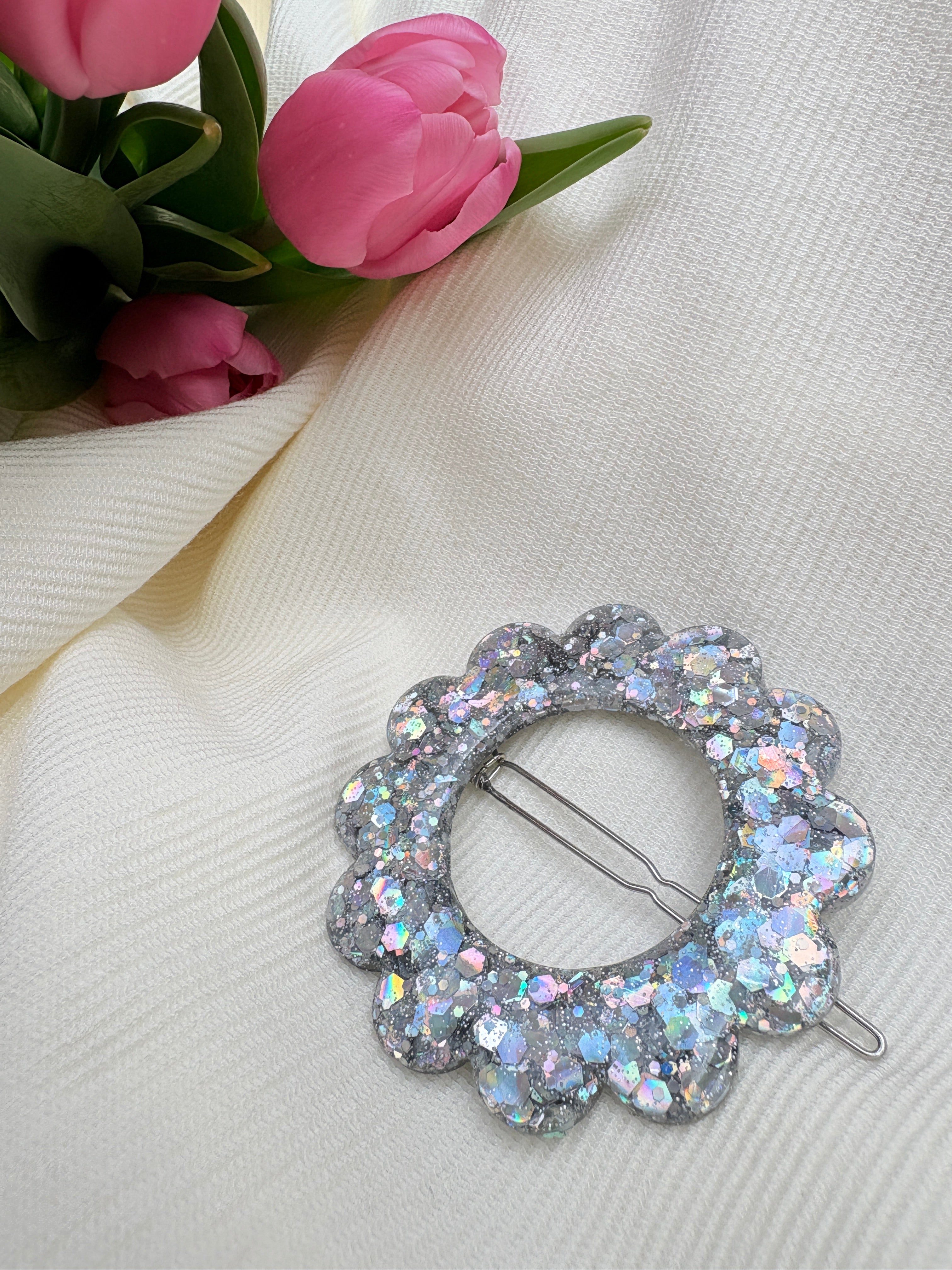 Barrette Fleur - Paillettes argentées