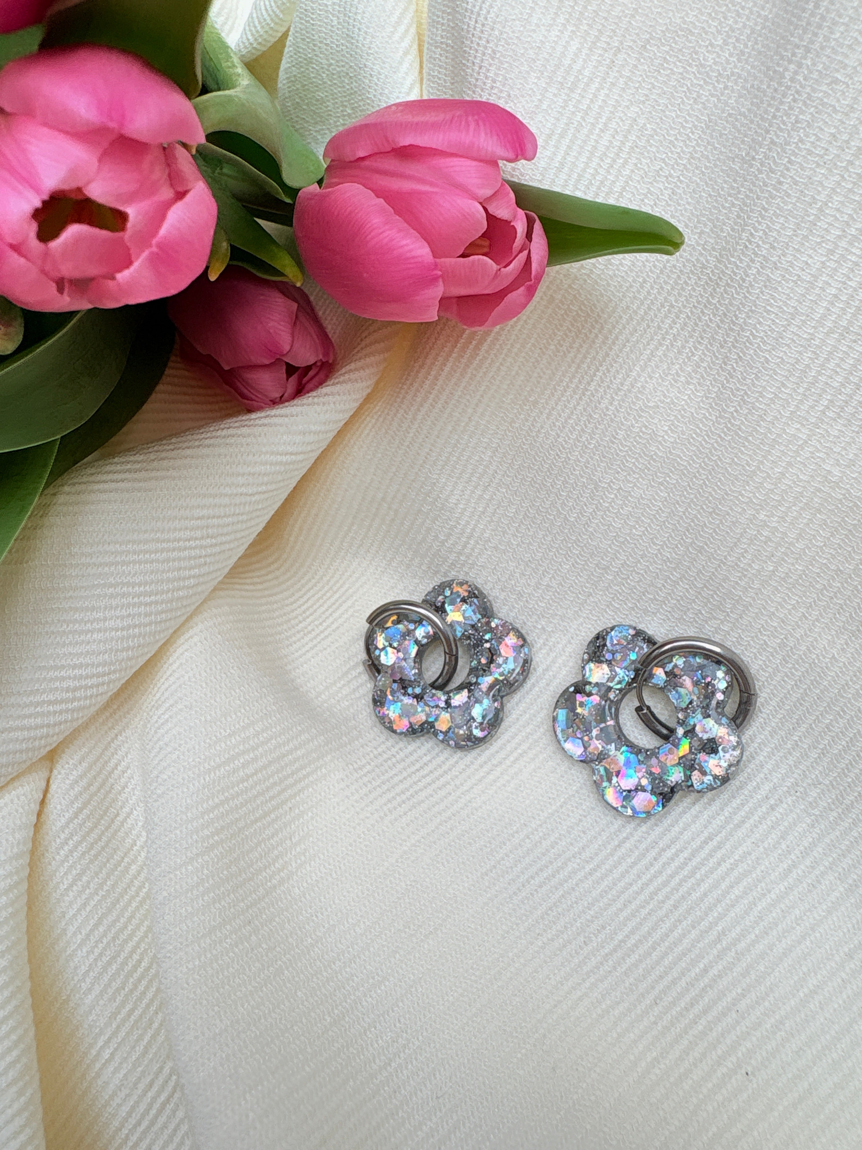 Pampilles Fleurs - taille XL - Paillettes argentées