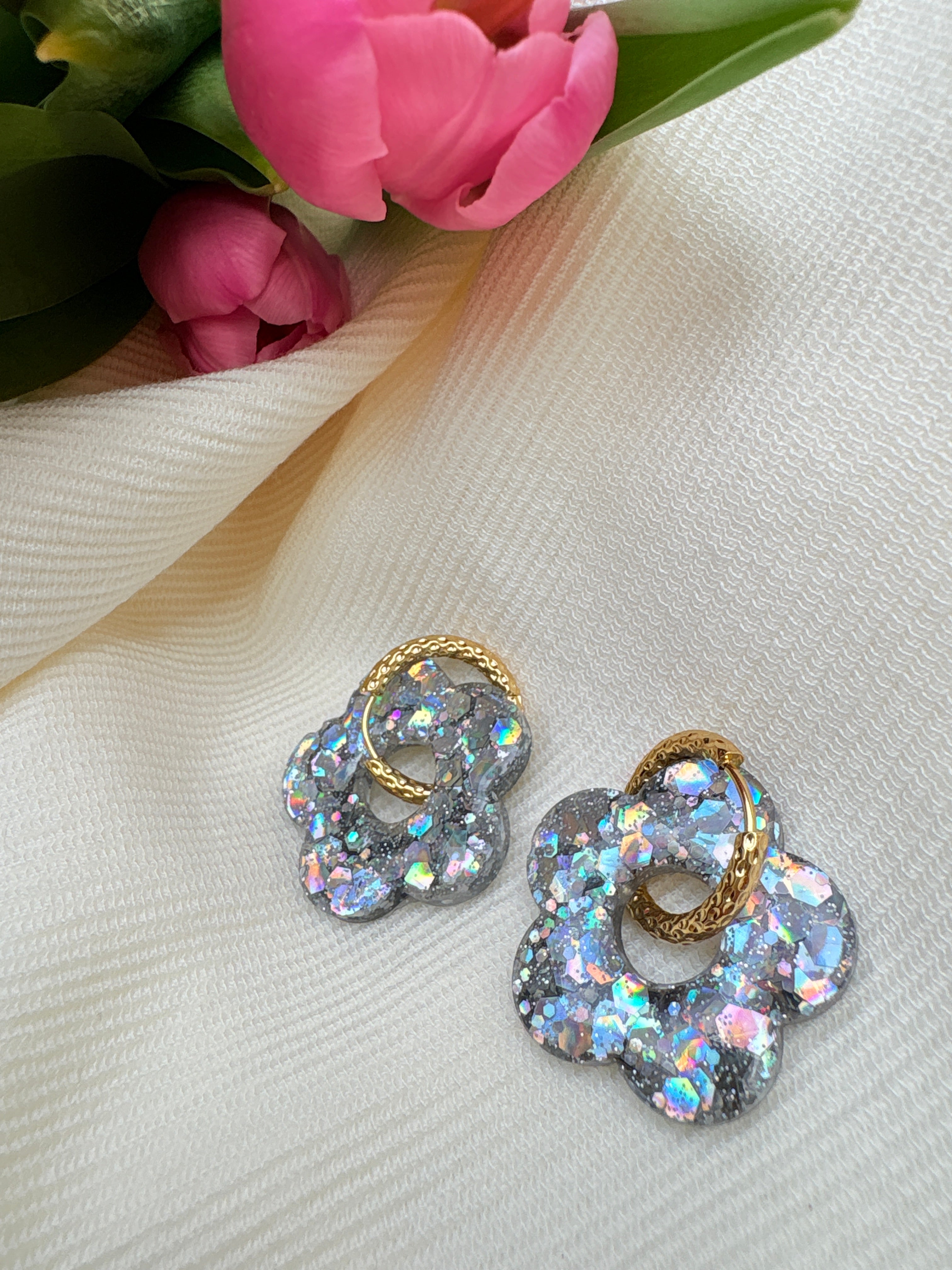 Pampilles Fleurs - taille XL - Paillettes argentées