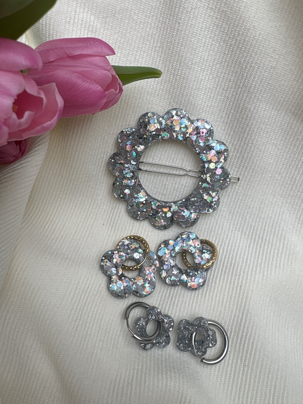 Barrette Fleur - Paillettes argentées