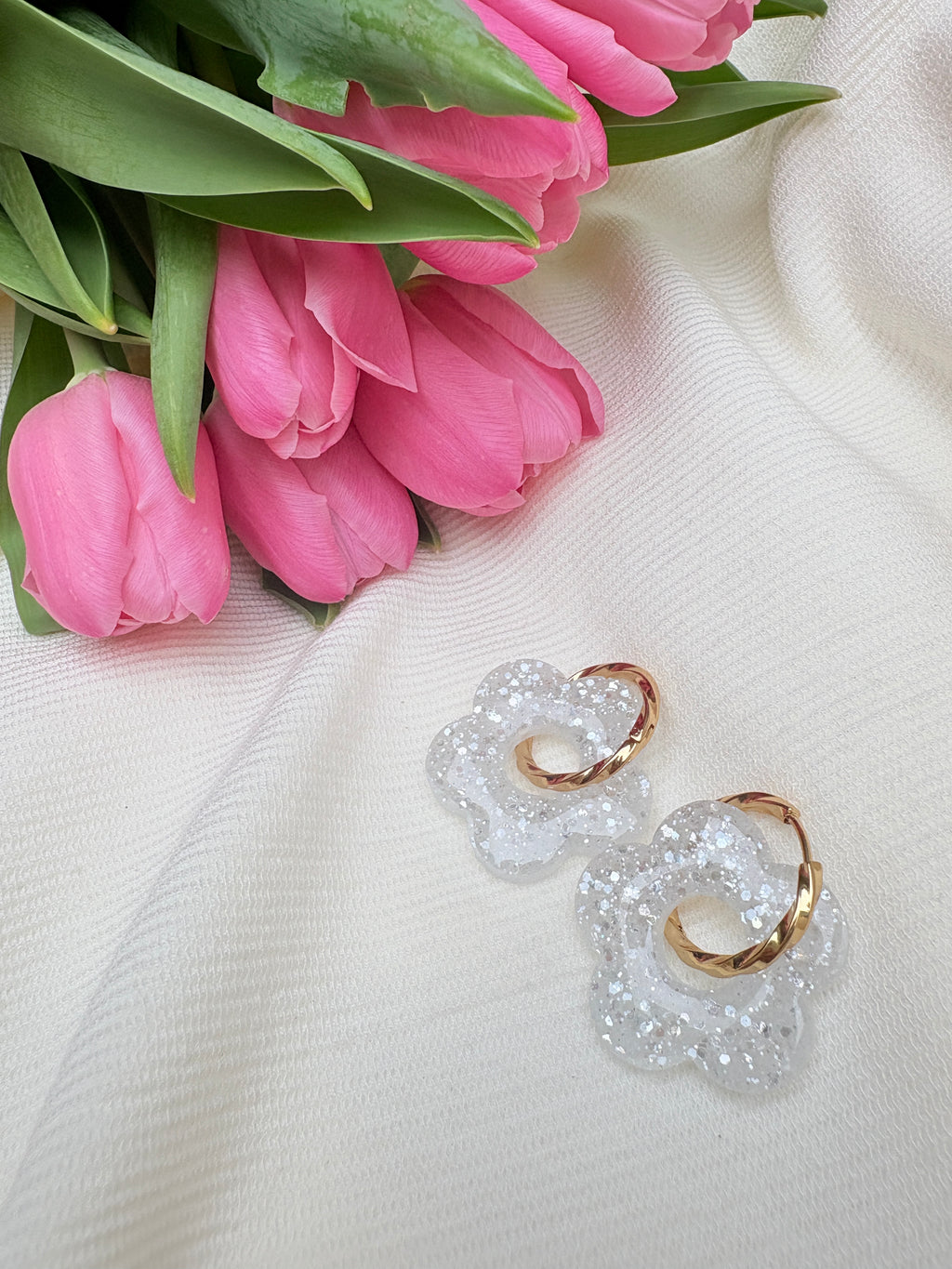 Pampilles Fleurs - taille XL - Blanc pailleté (sans créoles)