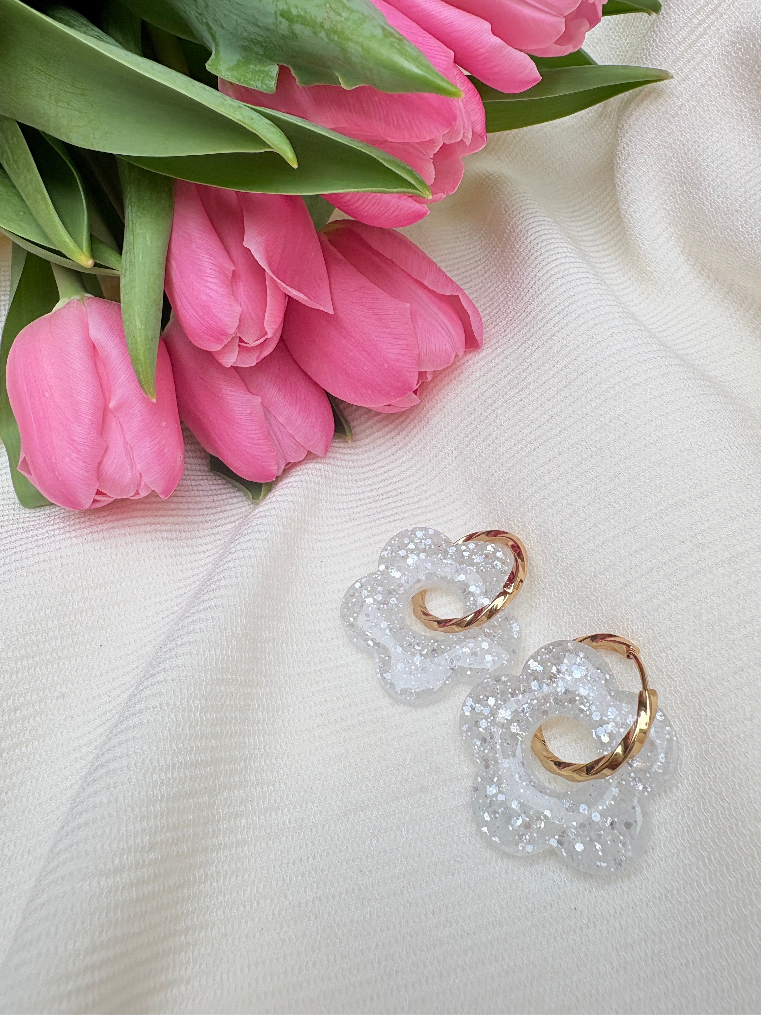 Pampilles Fleurs - taille XL - Blanc pailleté (sans créoles)