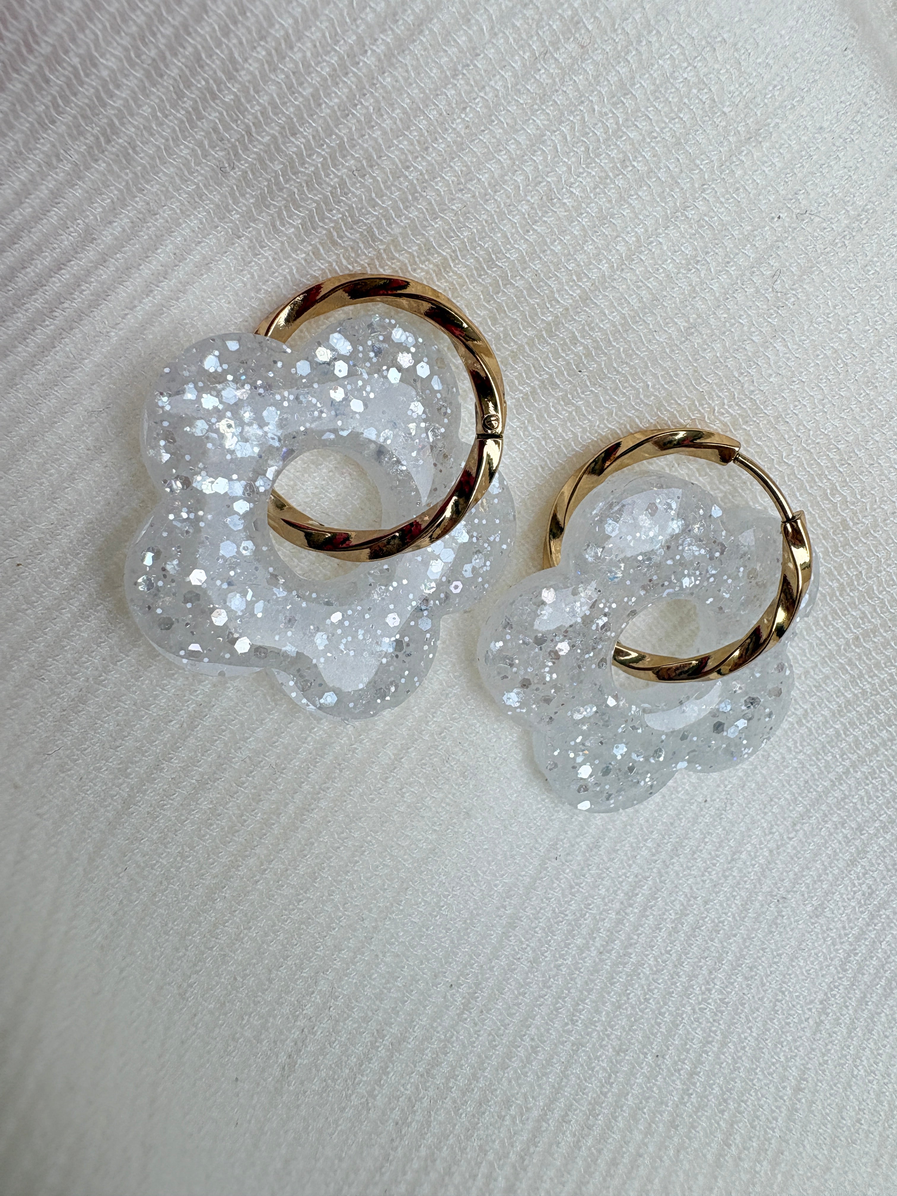 Pampilles Fleurs - taille XL - Blanc pailleté (sans créoles)