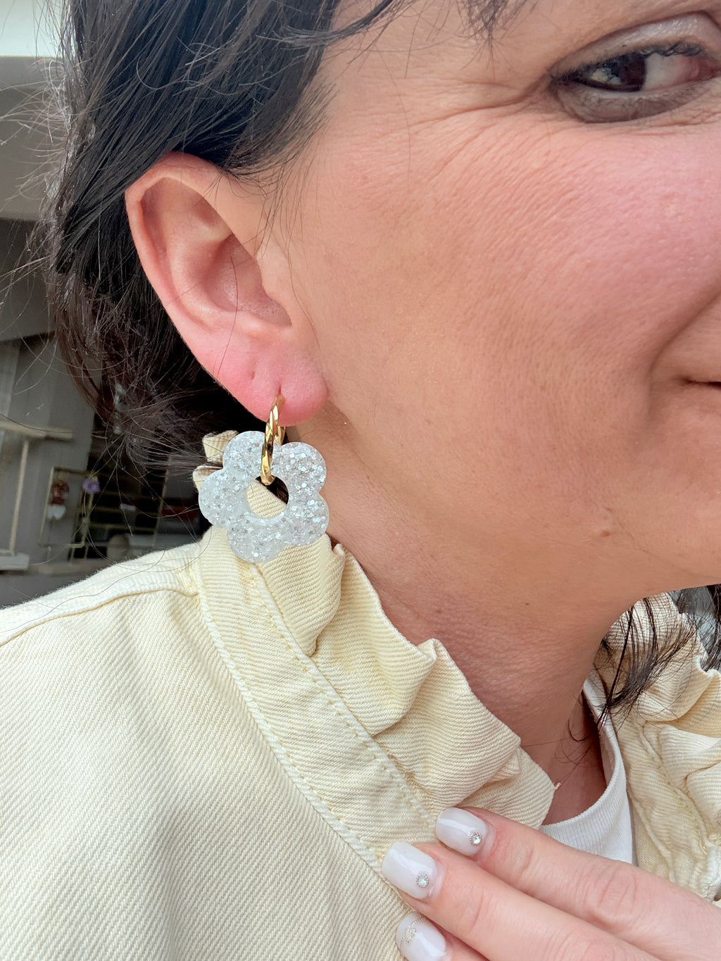 Pampilles Fleurs - taille XL - Blanc pailleté (sans créoles)