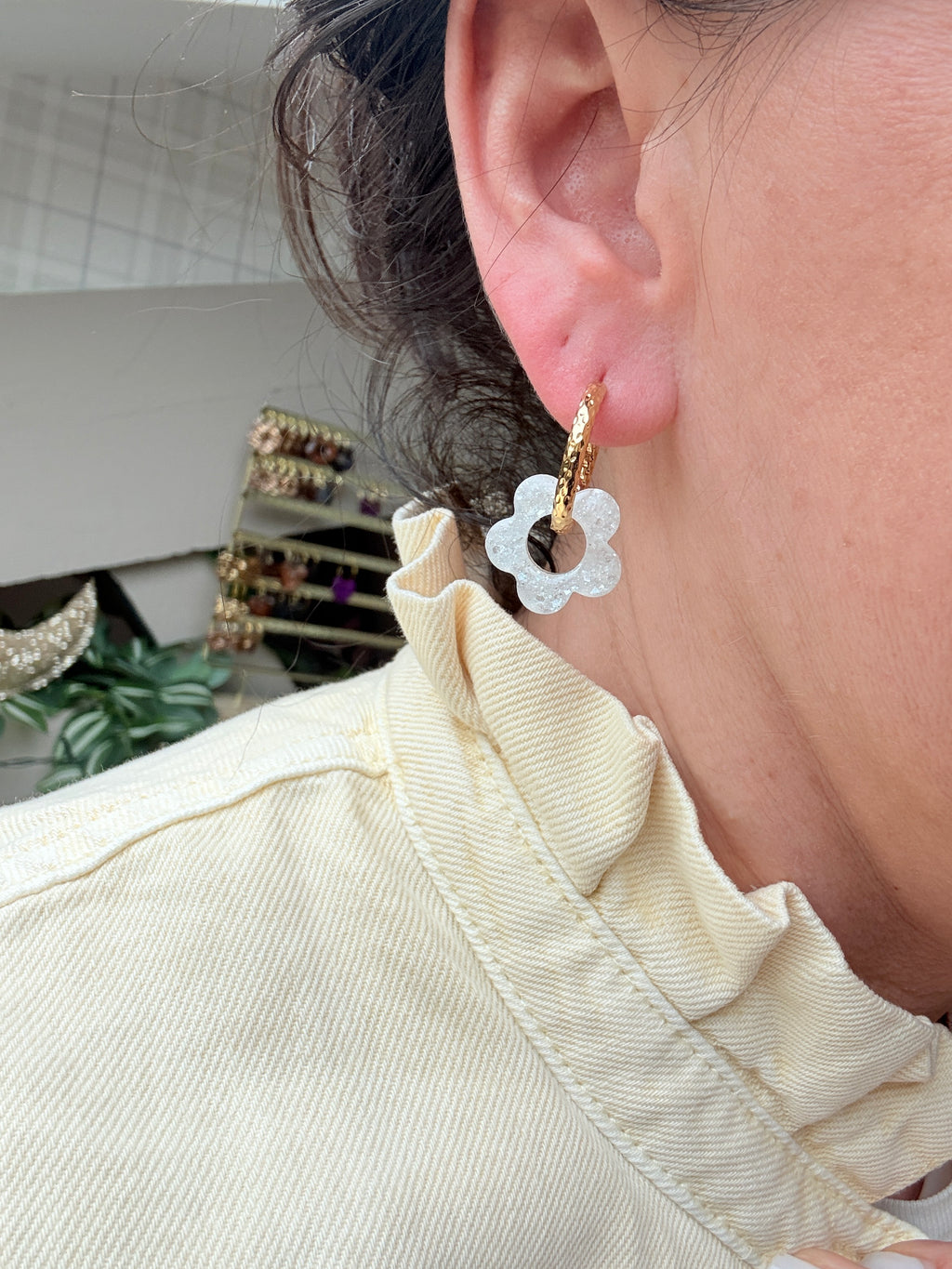 Pampilles Fleurs - taille S - Blanc pailleté (sans créoles)