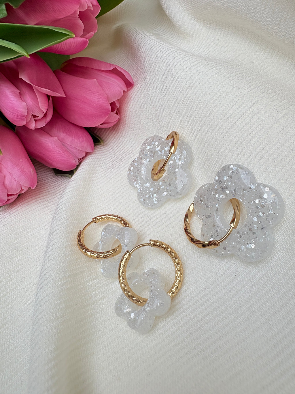 Pampilles Fleurs - taille XL - Blanc pailleté (sans créoles)