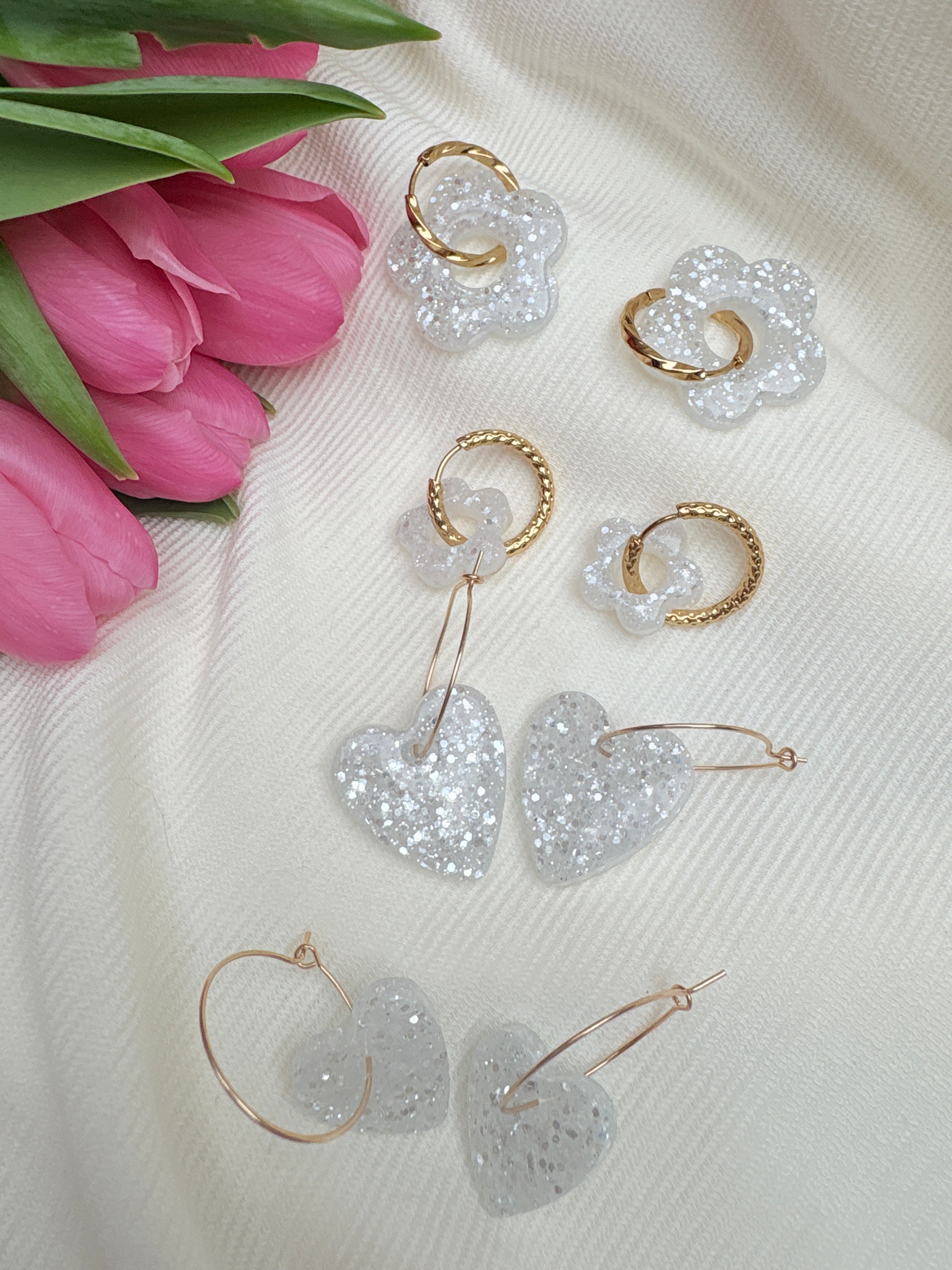 Pampilles Fleurs - taille XL - Blanc nacré (sans créoles)