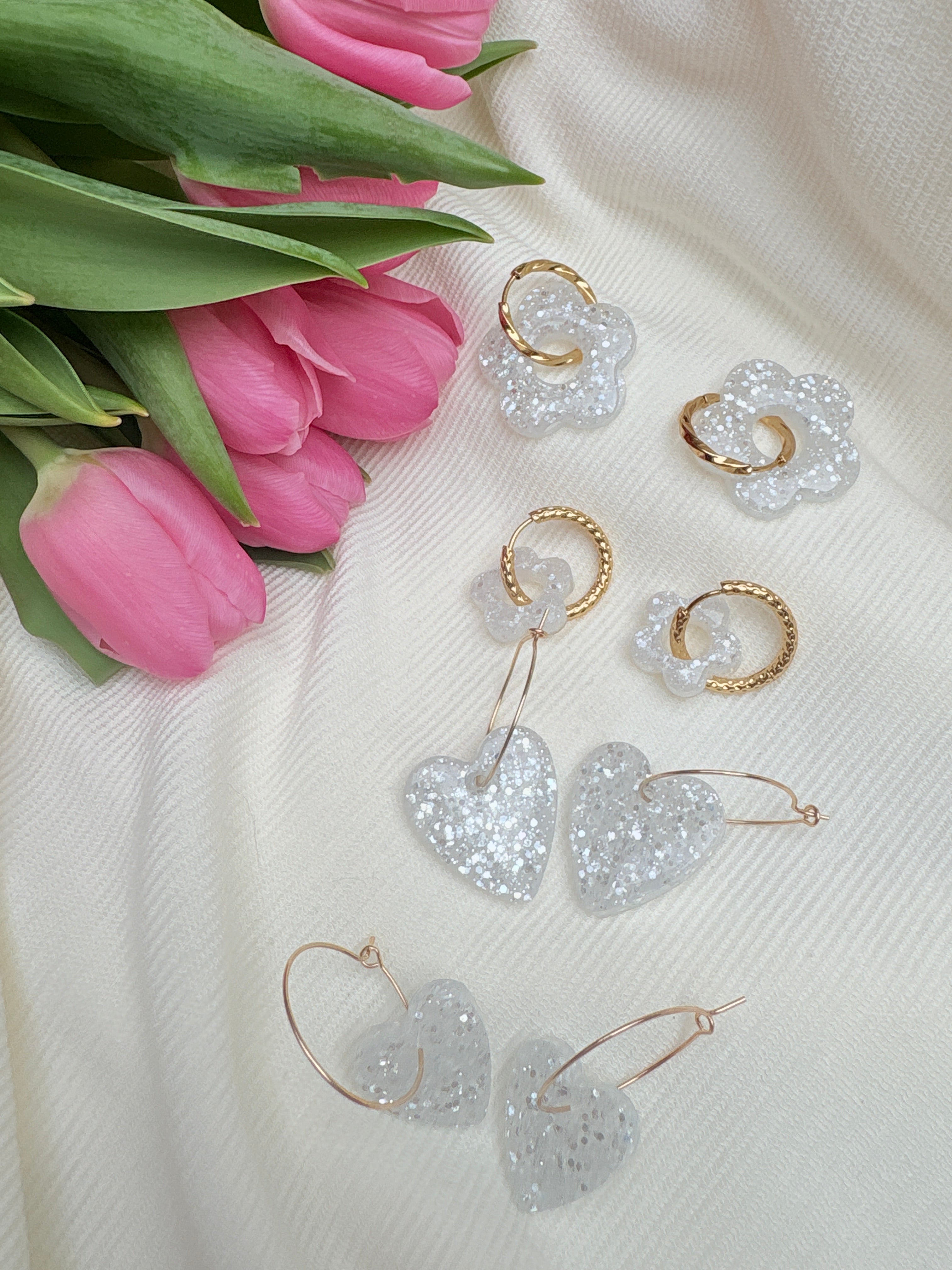 Pampilles Fleurs - taille XL - Blanc pailleté (sans créoles)