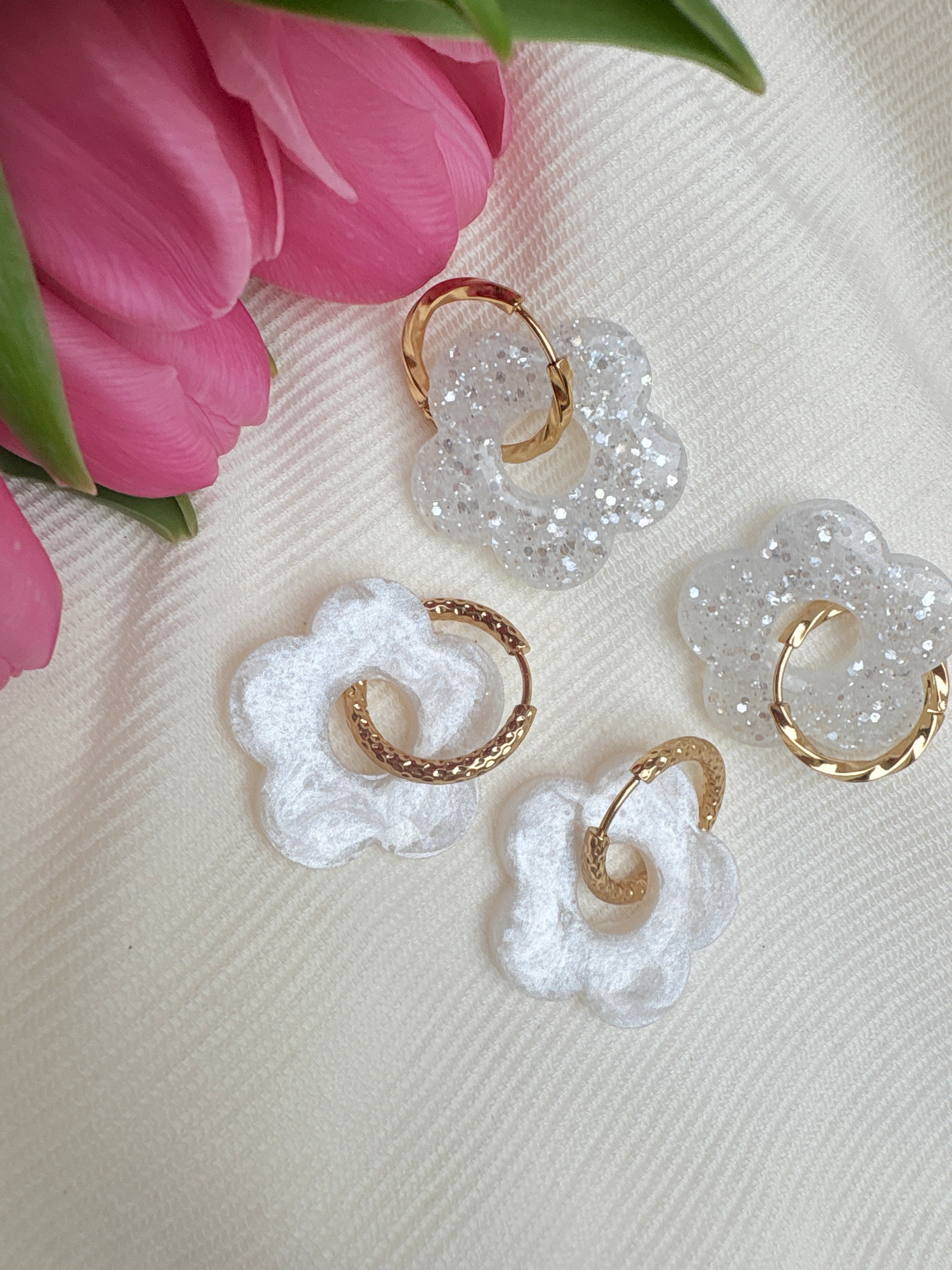 Pampilles Fleurs - taille XL - Blanc nacré (sans créoles)