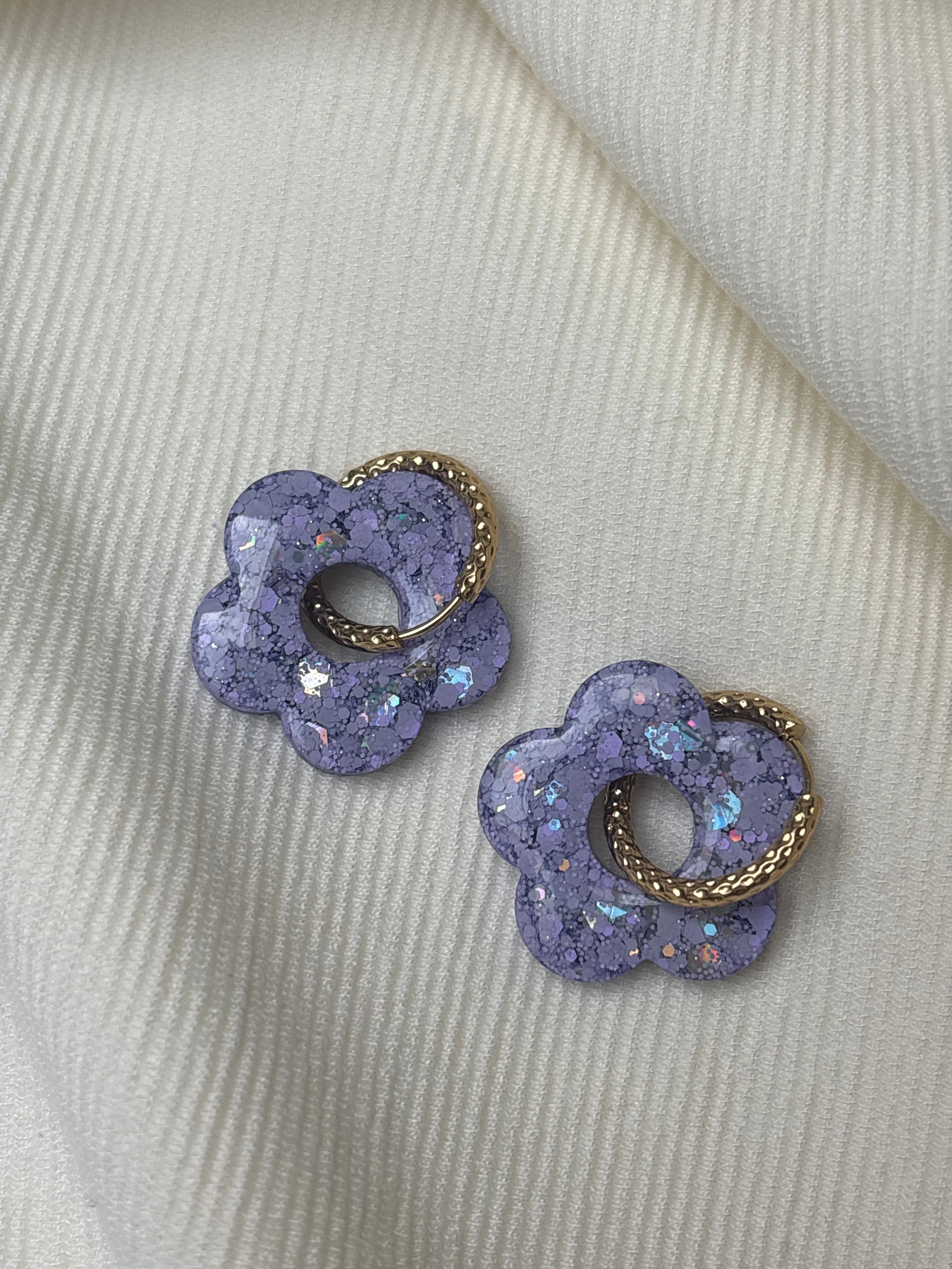 Pampilles Fleurs - taille XL - Lilas pailleté (sans créoles)