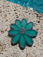 La Broche Marguerite Menthe verte & argent pailleté